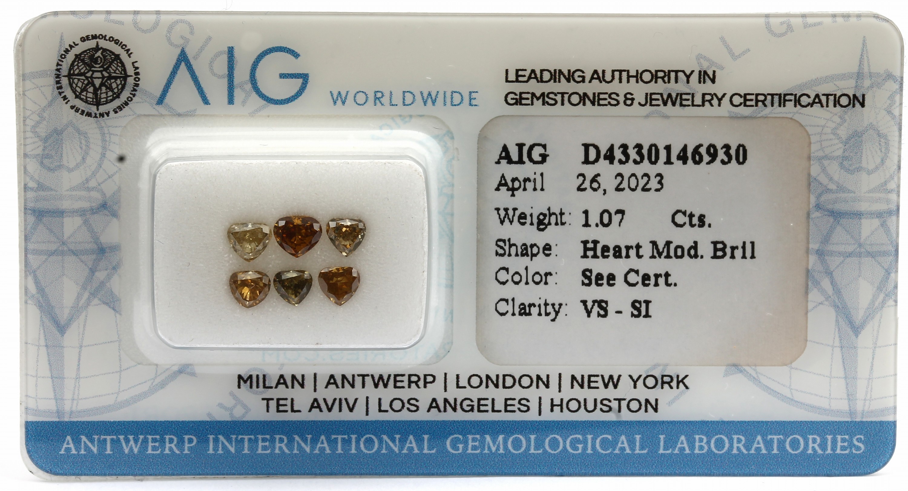 Lot 6 lose Diamanten, 1.07 ct natural fancylight to deep yellow-brownish yellow-yellowishbrown-yellowish green-brown/vs-si, facett. Herzen, ...
