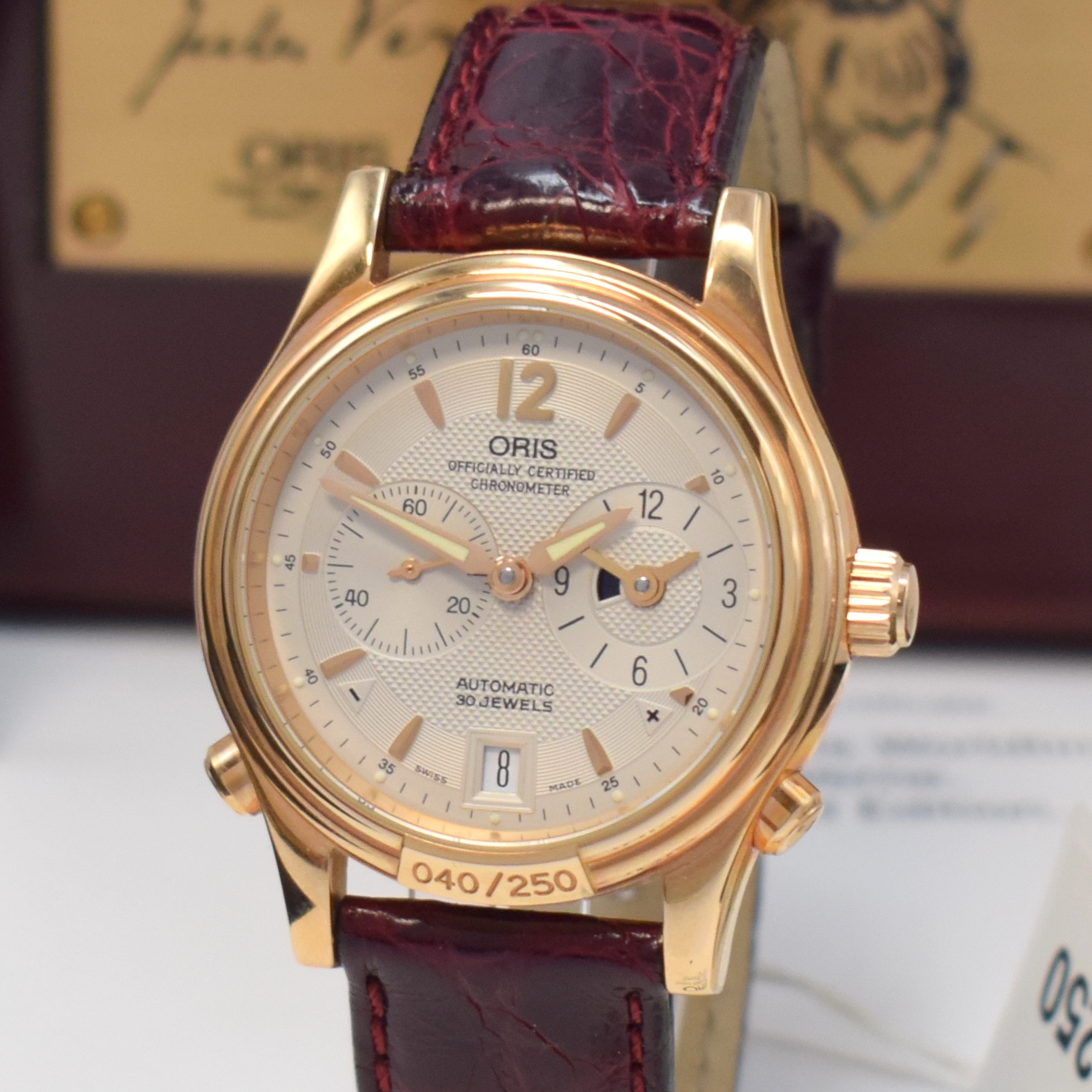 Detail a: ORIS Worldtimer Chronometer auf 250 Stück limitierte Armbanduhr Referenz 7489-60 in RG 750/000, Schweiz um 1995, Automatik, pol. Geh. m. ...