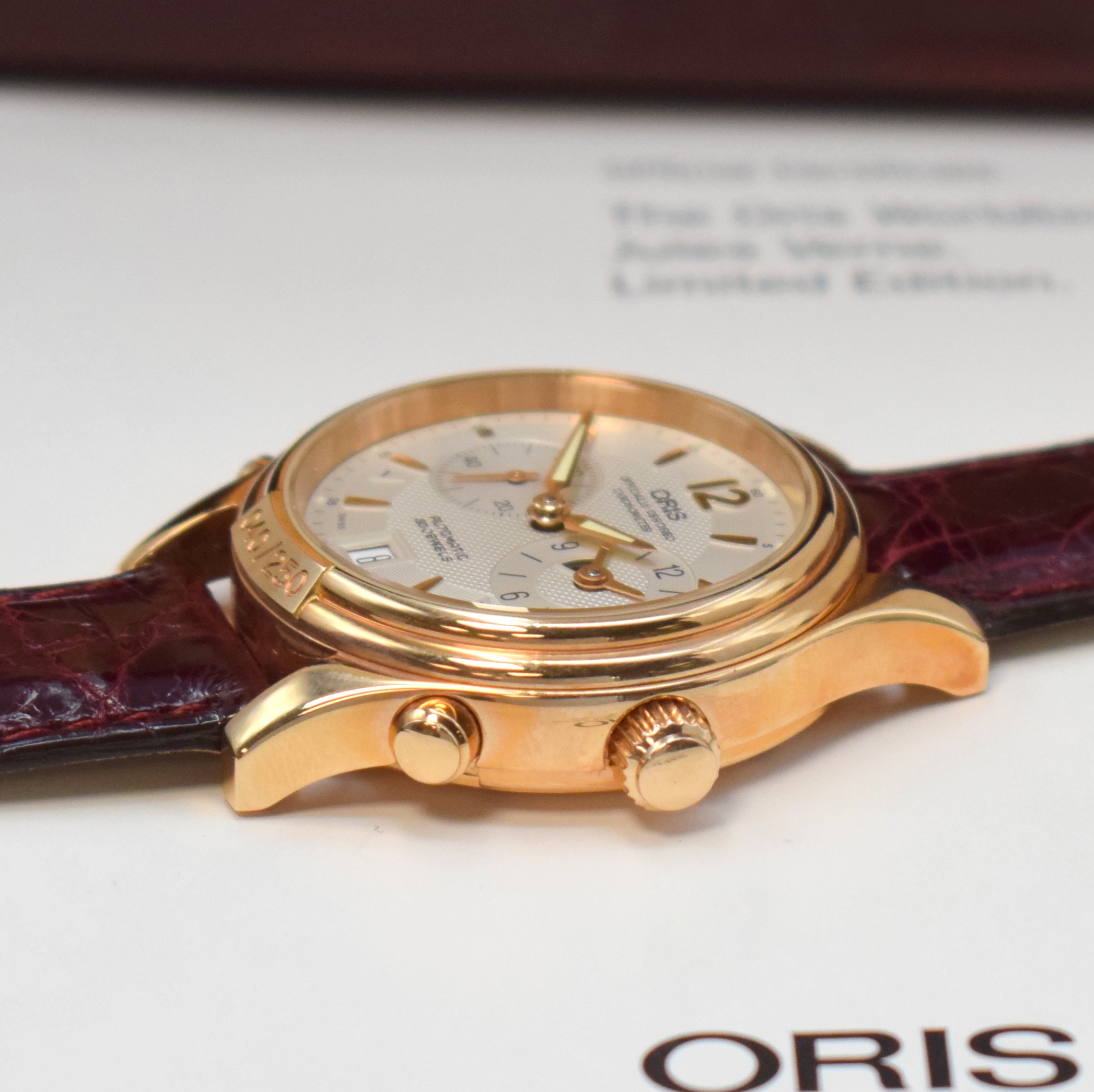 Detail d: ORIS Worldtimer Chronometer auf 250 Stück limitierte Armbanduhr Referenz 7489-60 in RG 750/000, Schweiz um 1995, Automatik, pol. Geh. m. ...