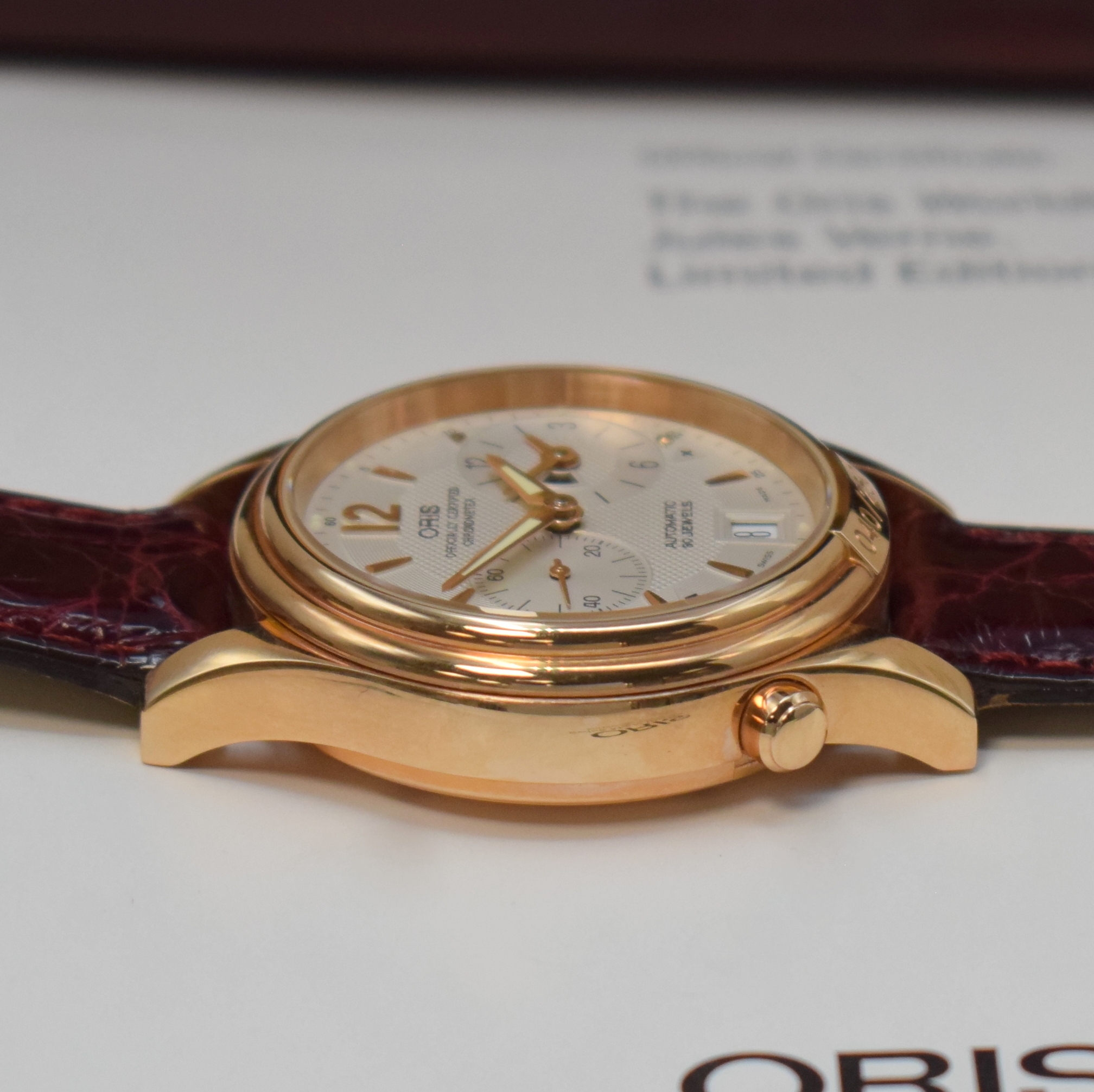 Detail e: ORIS Worldtimer Chronometer auf 250 Stück limitierte Armbanduhr Referenz 7489-60 in RG 750/000, Schweiz um 1995, Automatik, pol. Geh. m. ...