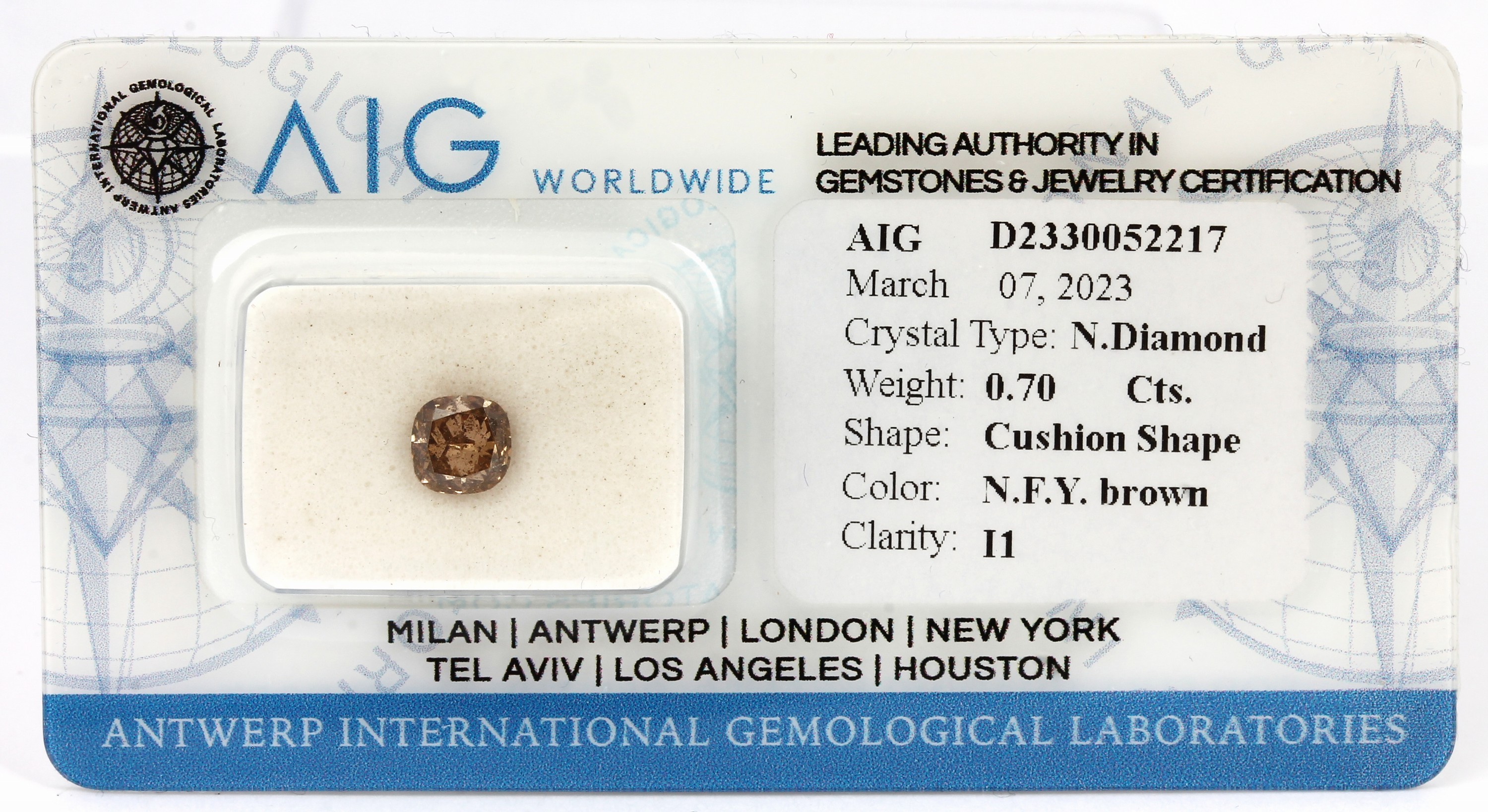 Loser Diamant, 0.70 ct natural fancy yellowish brown/p1, Cushion Cut, eingeschweißt, AIG-Expertise