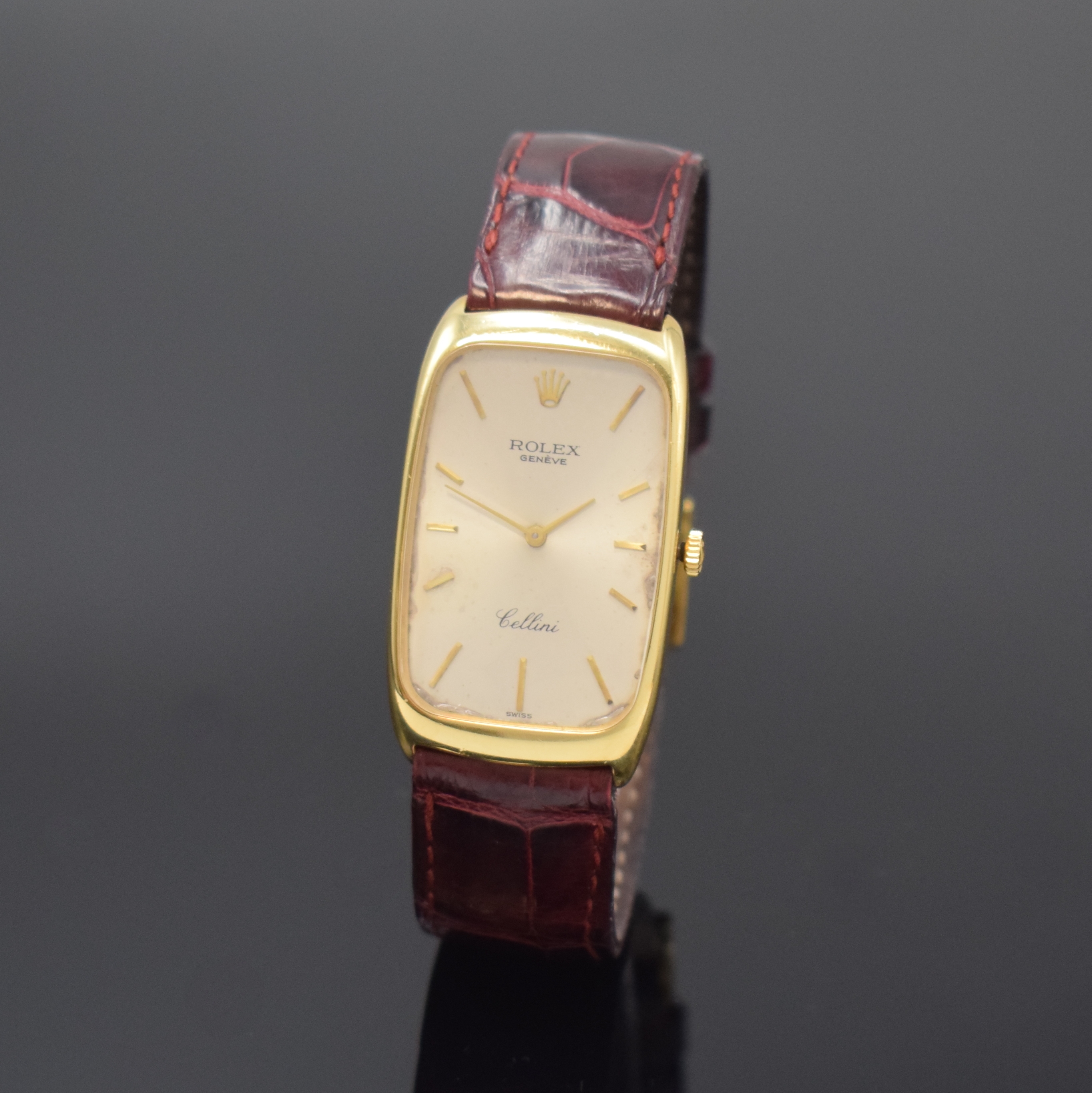 ROLEX Cellini seltene Armbanduhr in GG 750/000 Referenz 4108, Schweiz um 1975, Handaufzug, leicht gerundetes rechteckiges Geh., Boden aufgedr., orig. ...