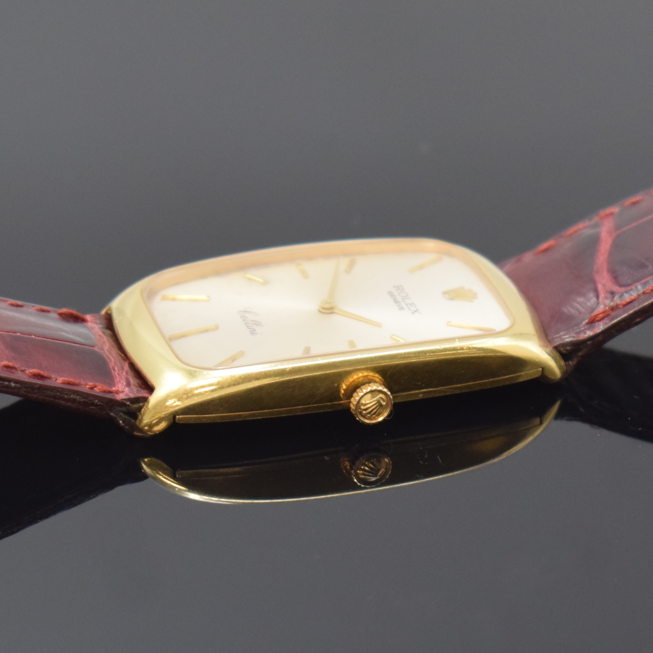 Detail b: ROLEX Cellini seltene Armbanduhr in GG 750/000 Referenz 4108, Schweiz um 1975, Handaufzug, leicht gerundetes rechteckiges Geh., Boden aufgedr., orig. ...