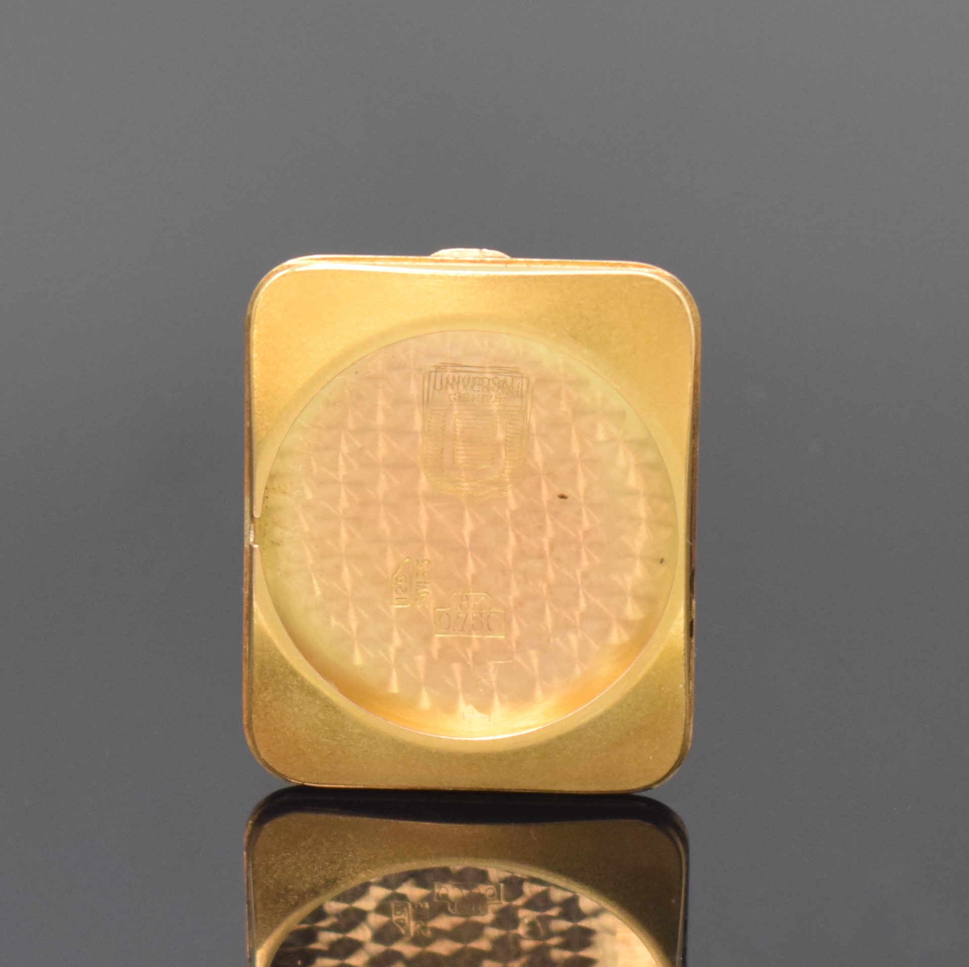 Detail e: UNIVERSAL GENEVE ausgefallene Armbanduhr in RoseG 750/000, Schweiz um 1950, Handaufzug, 2-tlg. Geh., Boden aufgedr., facettierte Lünette, silb. ...