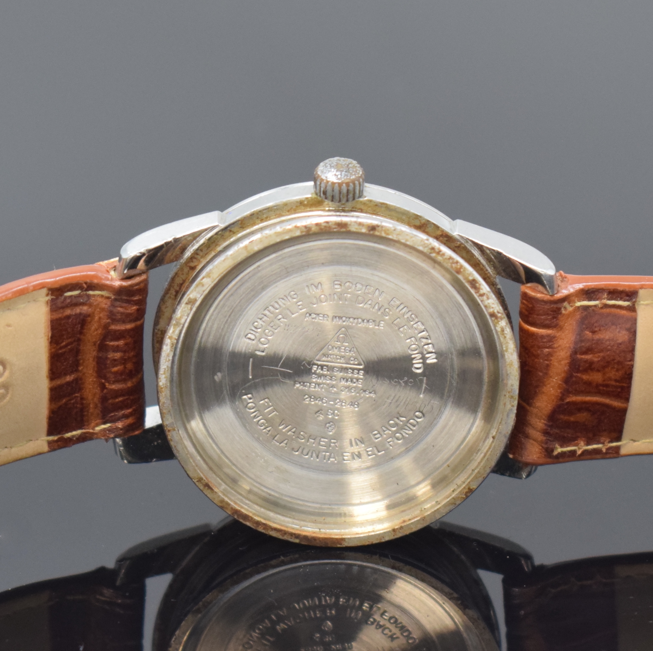 Detail f: OMEGA Seamaster Armbanduhr Referenz 2846SC in Stahl, Schweiz um 1960, Automatik, 3-tlg. Geh., Boden aufgedr., silb. Duoton-Zifferbl. pat., aufges. ...