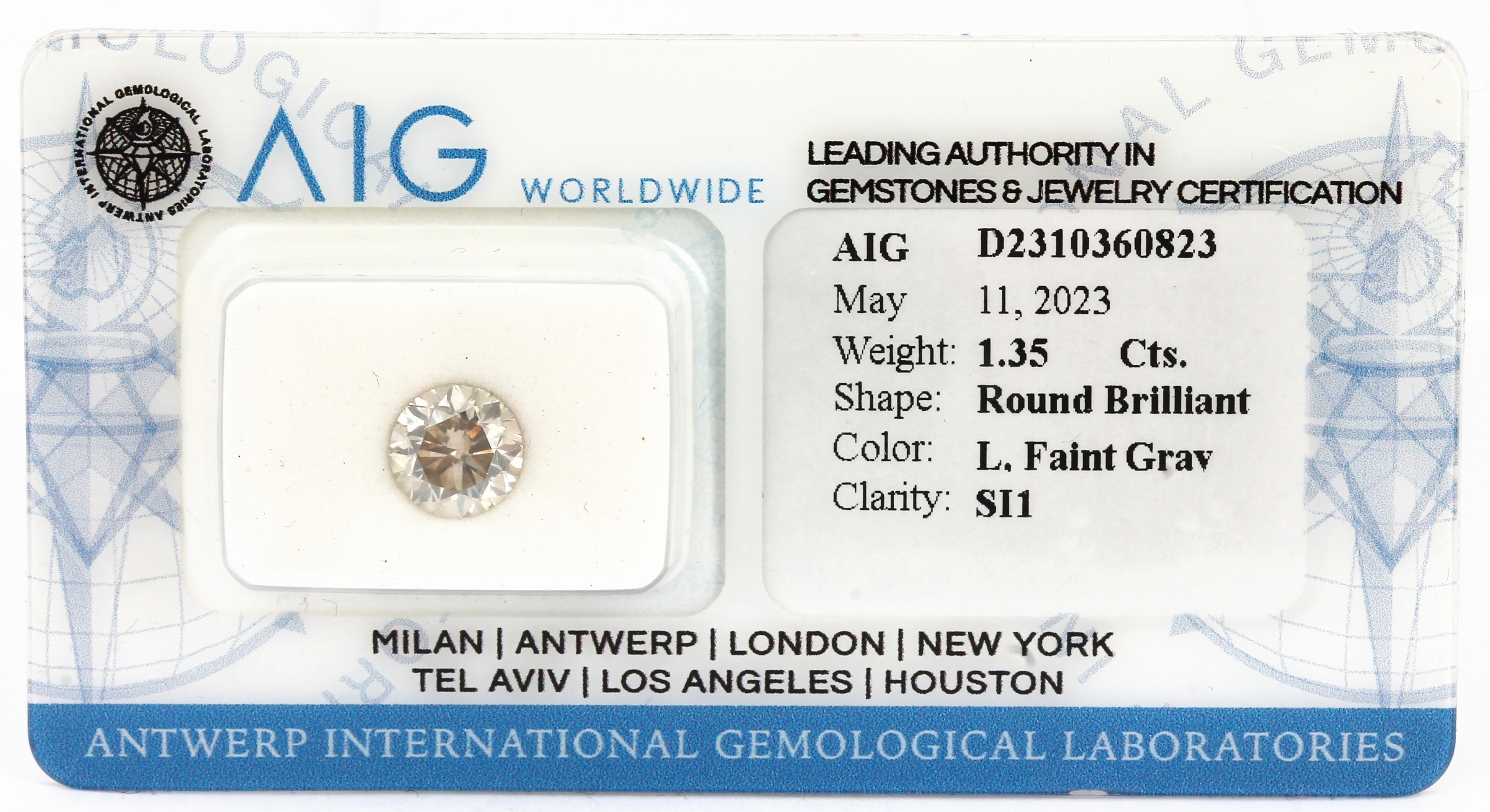 Loser Brillant, 1.35 ct get.Weiß(L) faint Gray/si1, eingeschweißt, mit AIG-Expertise