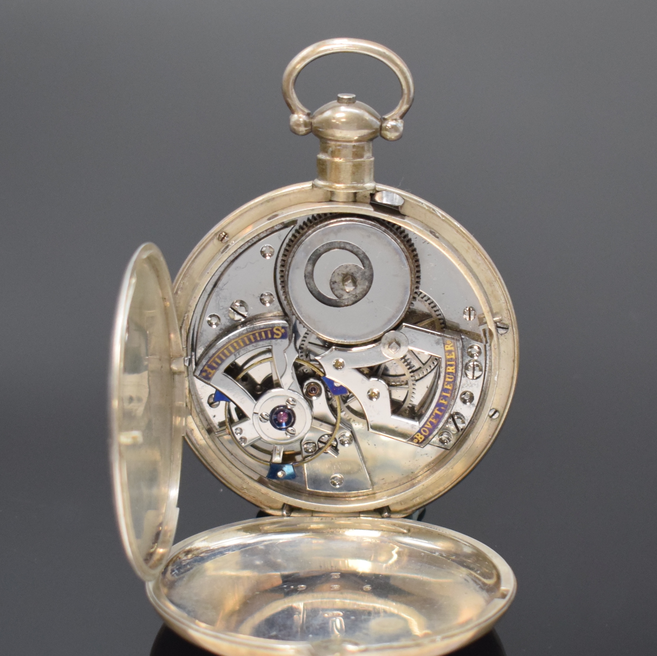 Detail d: BOVET, FLEURIER offene Taschenuhr mit Duplexhemmung, Schweiz um 1850, Schlüssel- aufzug, glattes offenes Geh. dell., Rückdeckel zu öffnen über ...