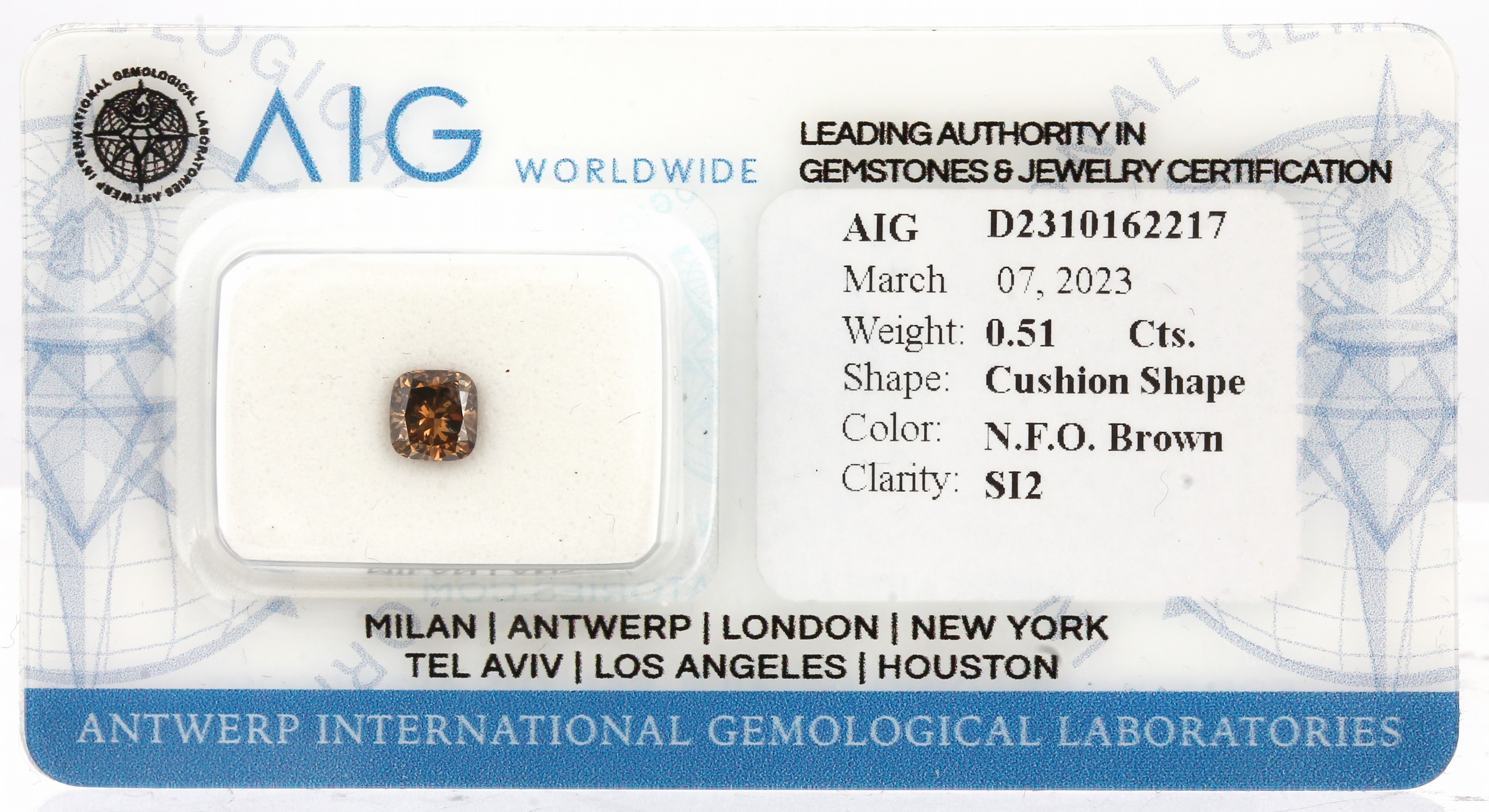 Loser Diamant, 0.51 ct natural fancy orangybrown/si2, Cushion Cut, eingeschweißt, mit AIGExpertise