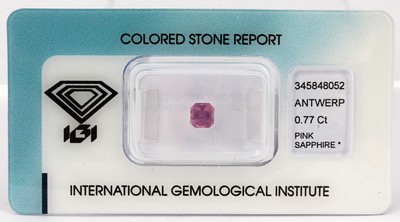 Image 26762753 - Loose sapphire, 0.77 ct, cut cornered mixed cut, purplish pink, sealed, with IGI- expertise Valuation Price: 250, - EUR