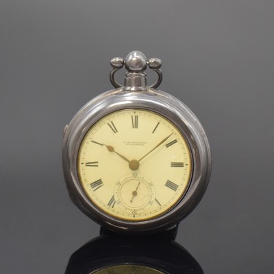 Image 26762768 - J.R. DAVIDSON heavy open face sterling-silver pocket watch, Chester hallmark 1904, key winding, smooth case and outer case, enamel dial with Roman numerals, constant second at 6, gold-plated english lever movement under dust protection, glass has to be replaced, diameter approx. 53 mm, weight approx. 126g, overhaul recommended at buyer's expense, condition 2-3