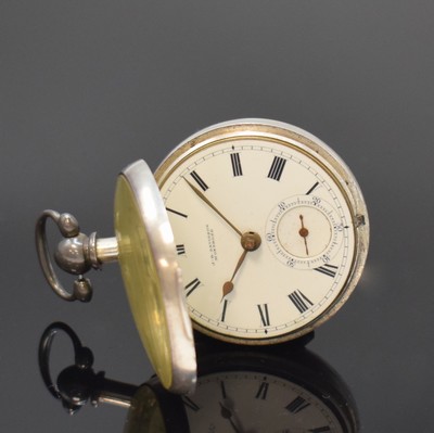 26762768c - J.R. DAVIDSON heavy open face sterling-silver pocket watch, Chester hallmark 1904, key winding, smooth case and outer case, enamel dial with Roman numerals, constant second at 6, gold-plated english lever movement under dust protection, glass has to be replaced, diameter approx. 53 mm, weight approx. 126g, overhaul recommended at buyer's expense, condition 2-3