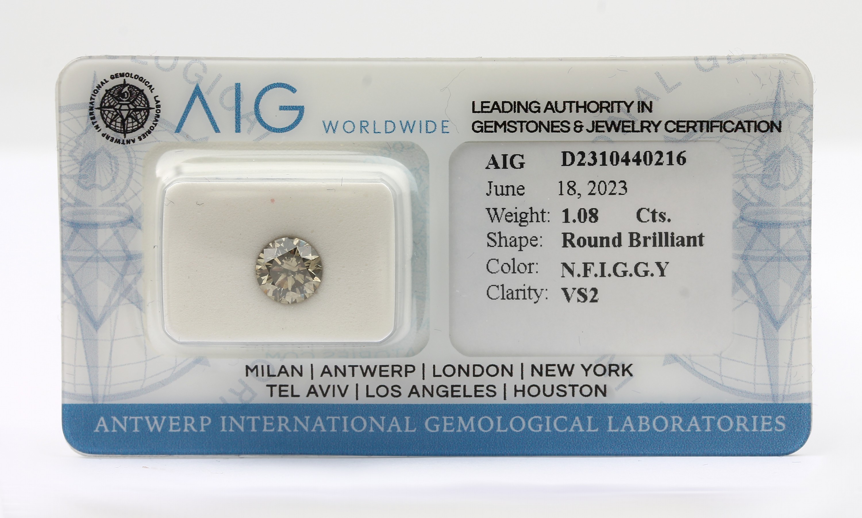 Loser Brillant, 1.08 ct natural fancy intense grayish greenish yellow/vs2, eingeschweißt, mit AIG-Expertise