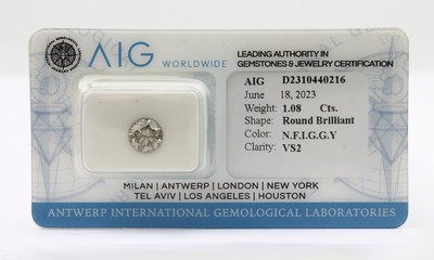 Image 26762823 - Loose brilliant, 1.08 ct natural fancy intensegrayish greenish yellow/vs2, sealed, with AIG-expertise Valuation Price: 1800, - EUR