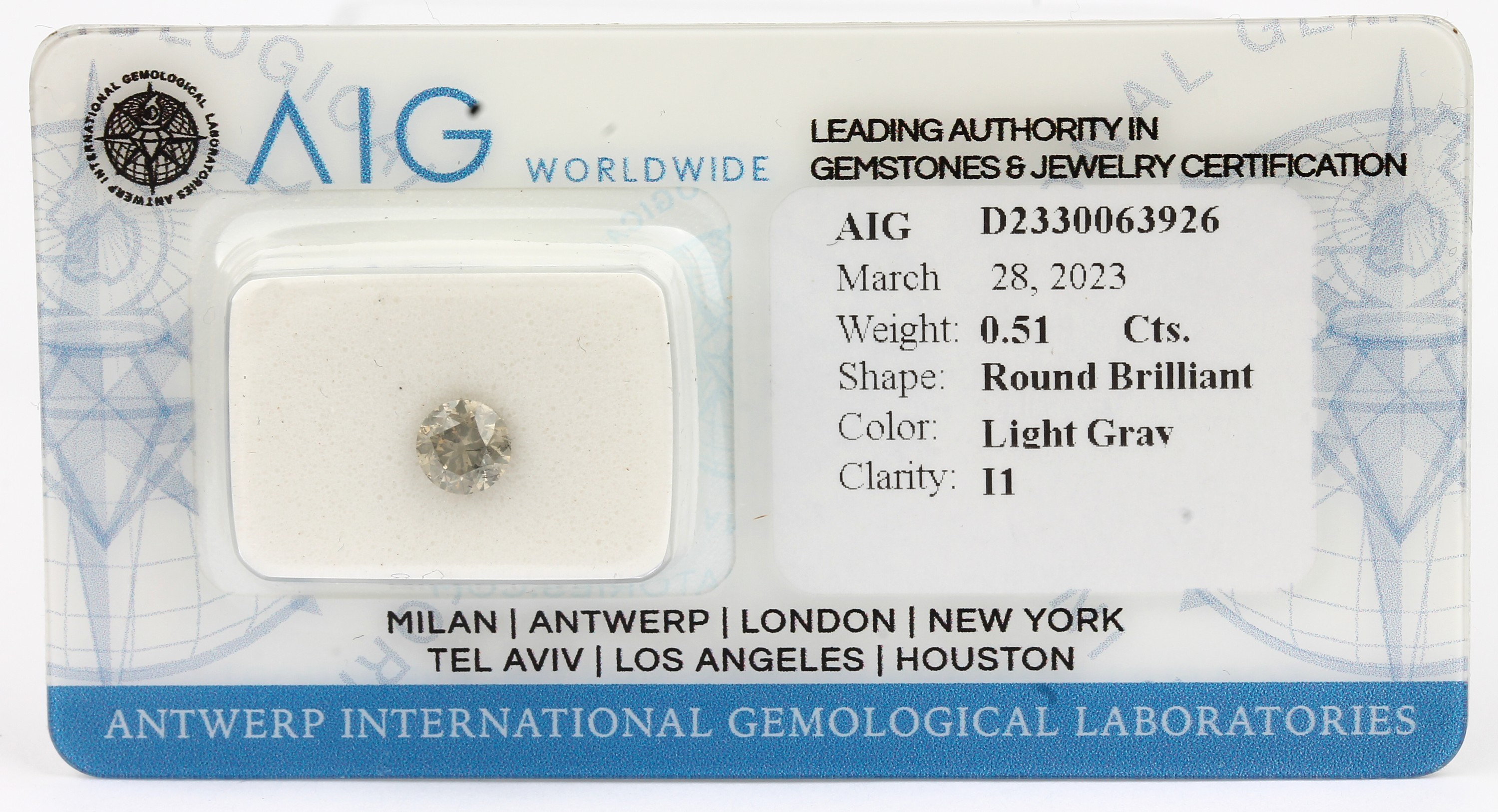 Loser Brillant, 0.51 ct light gray/p1, eingeschweißt mit AIG-Expertise