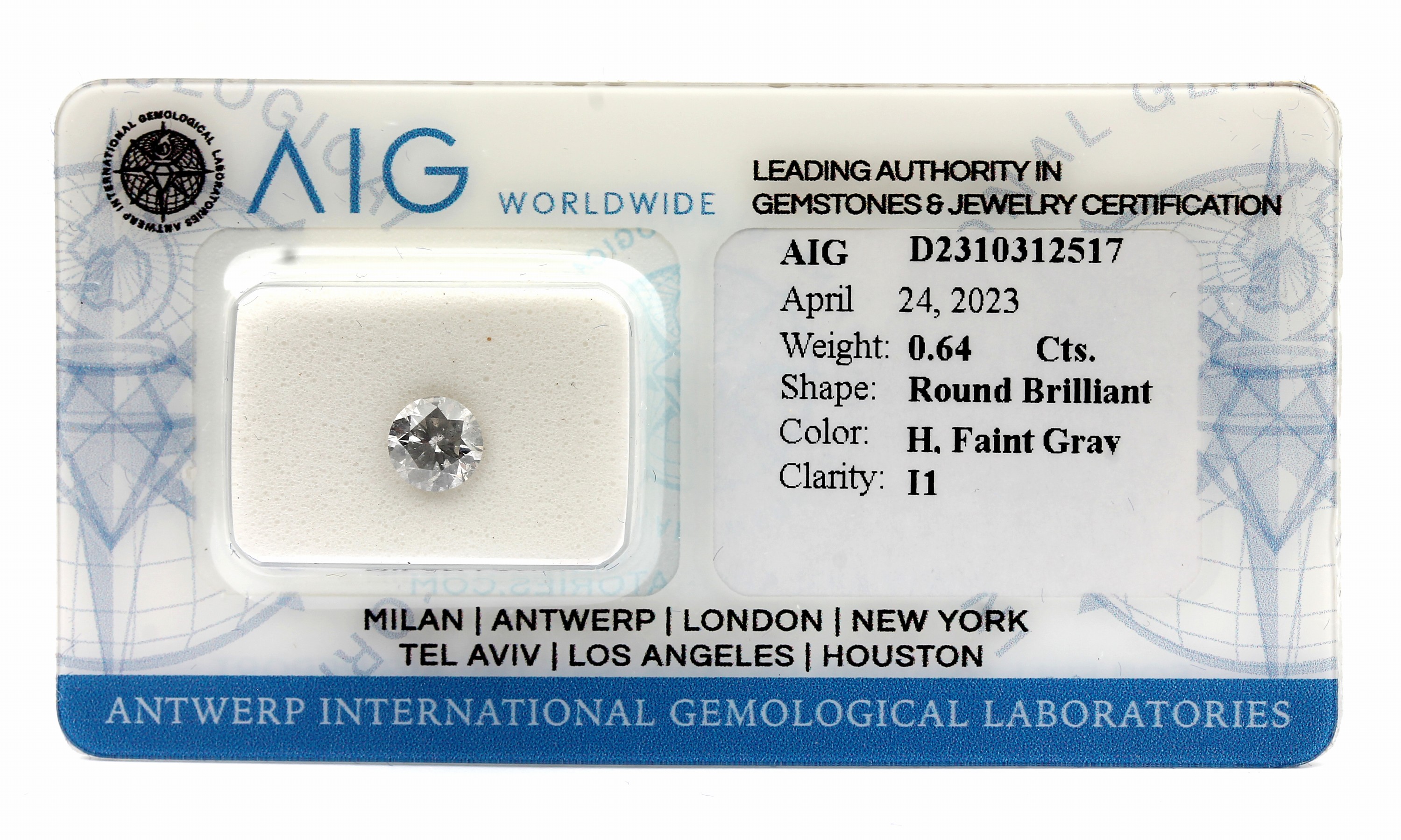 Loser Brillant, 0.64 ct Weiß(H) faint Gray/p1, eingeschweißt, mit AIG-Expertise