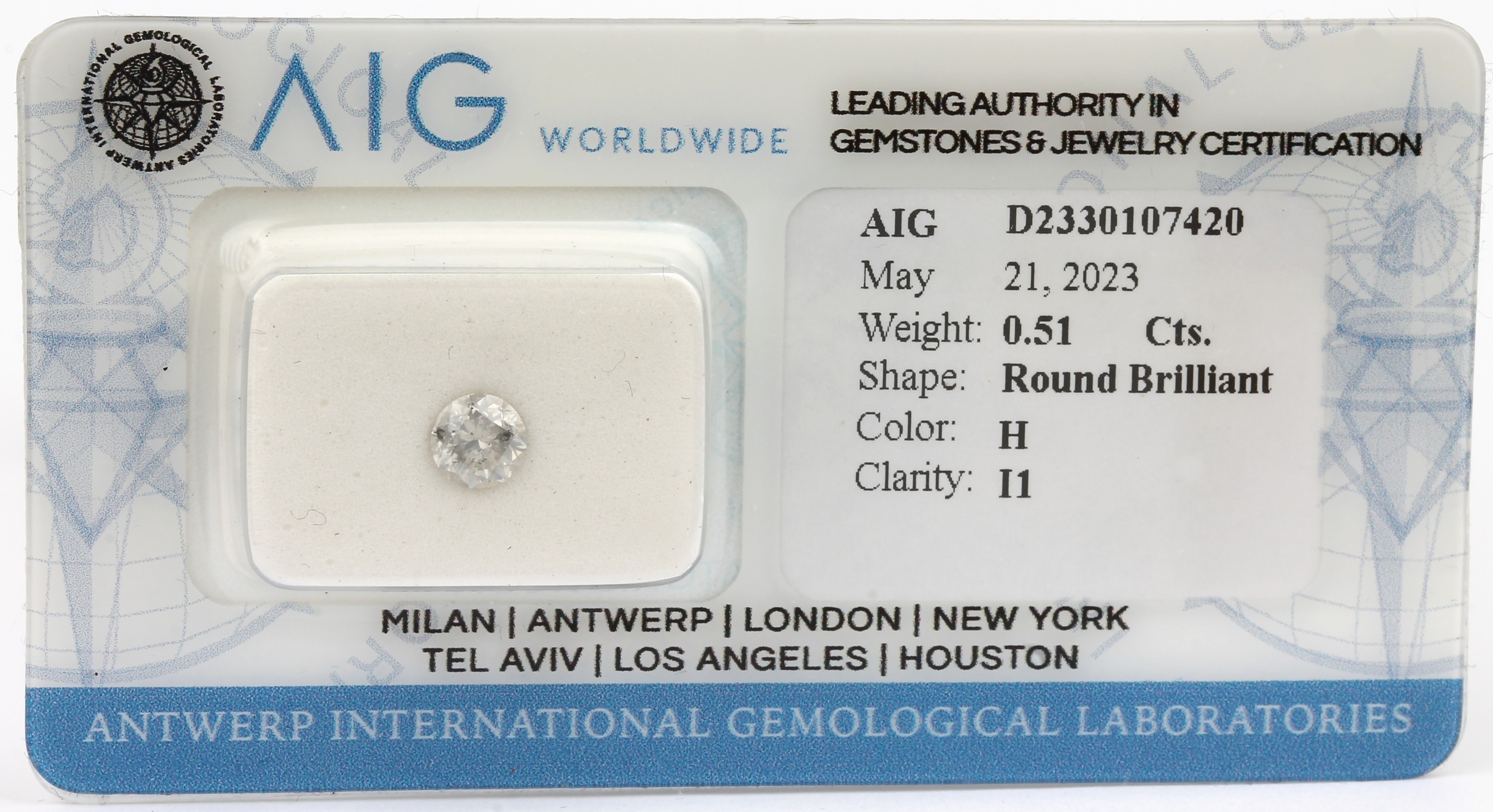 Loser Brillant, 0.51 ct Weiß(H)/p1, eingeschweißt, mit AIG-Expertise
