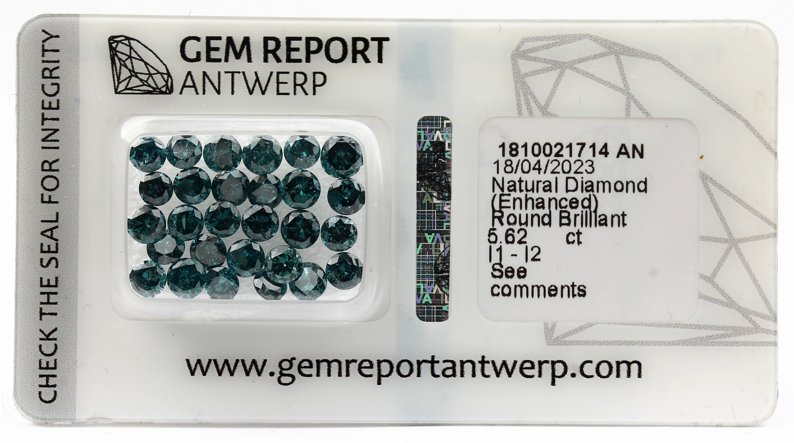 Lot 28 lose Brillanten, 5.62 ct Blau(beh.)/p1-p2, eingeschweißt, mit Gem Report Antwerp Expertise