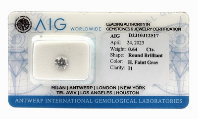 Image 26763370 - Loose brilliant, 0.64 ct Wesselton(H) faint Gray/p1, sealed, with AIG-expertise Valuation Price: 1300, - EUR