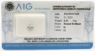 Image 26763396 - Loose brilliant, 0.51 ct Wesselton(H)/p1, sealed, with AIG-expertise Valuation Price: 1250, - EUR