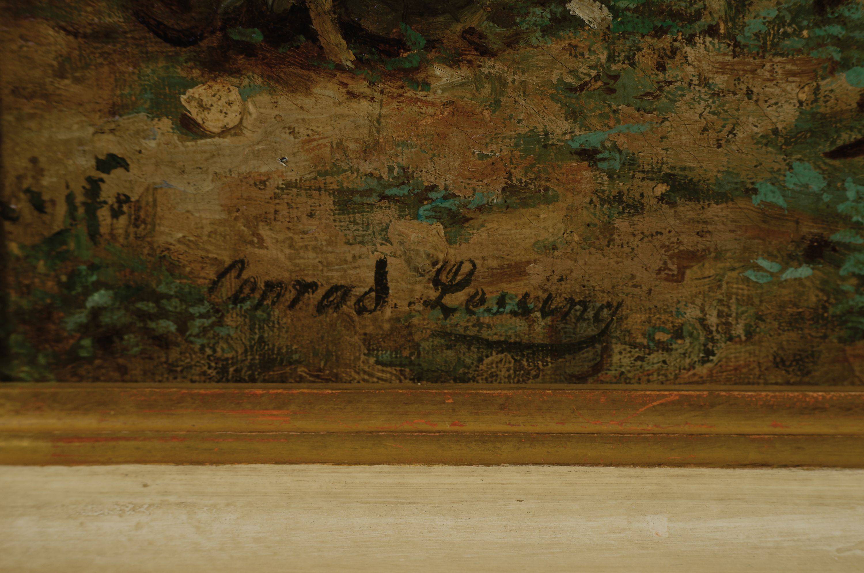 Detail a: Conrad Ludwig Lessing, 1852 Düsseldorf-1916 Berlin, rastende Familie mit Esel und Wagen vor der Felsenstadt, Öl/Holz, links unten signiert, ca. ...