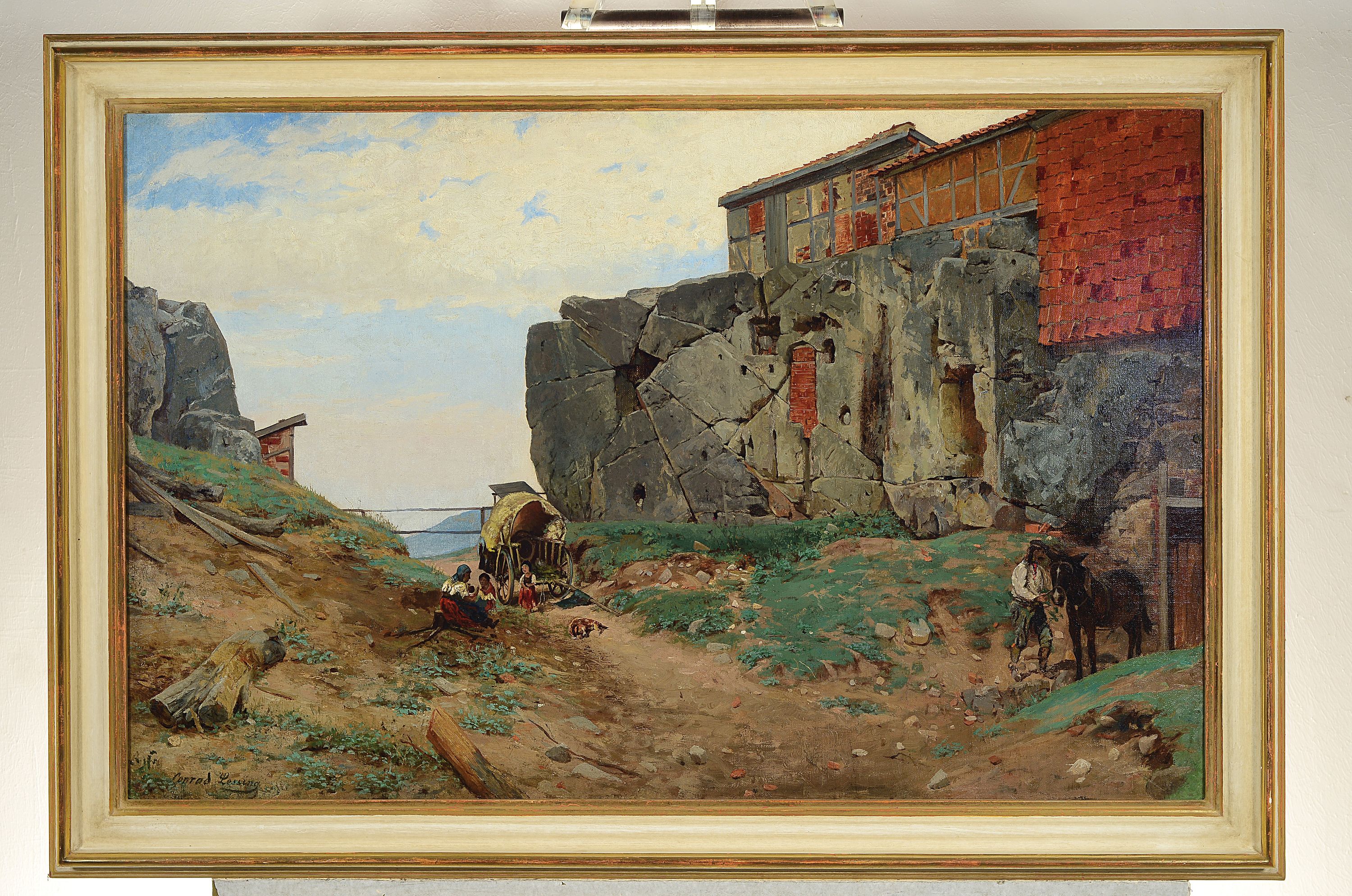 Detail k: Conrad Ludwig Lessing, 1852 Düsseldorf-1916 Berlin, rastende Familie mit Esel und Wagen vor der Felsenstadt, Öl/Holz, links unten signiert, ca. ...