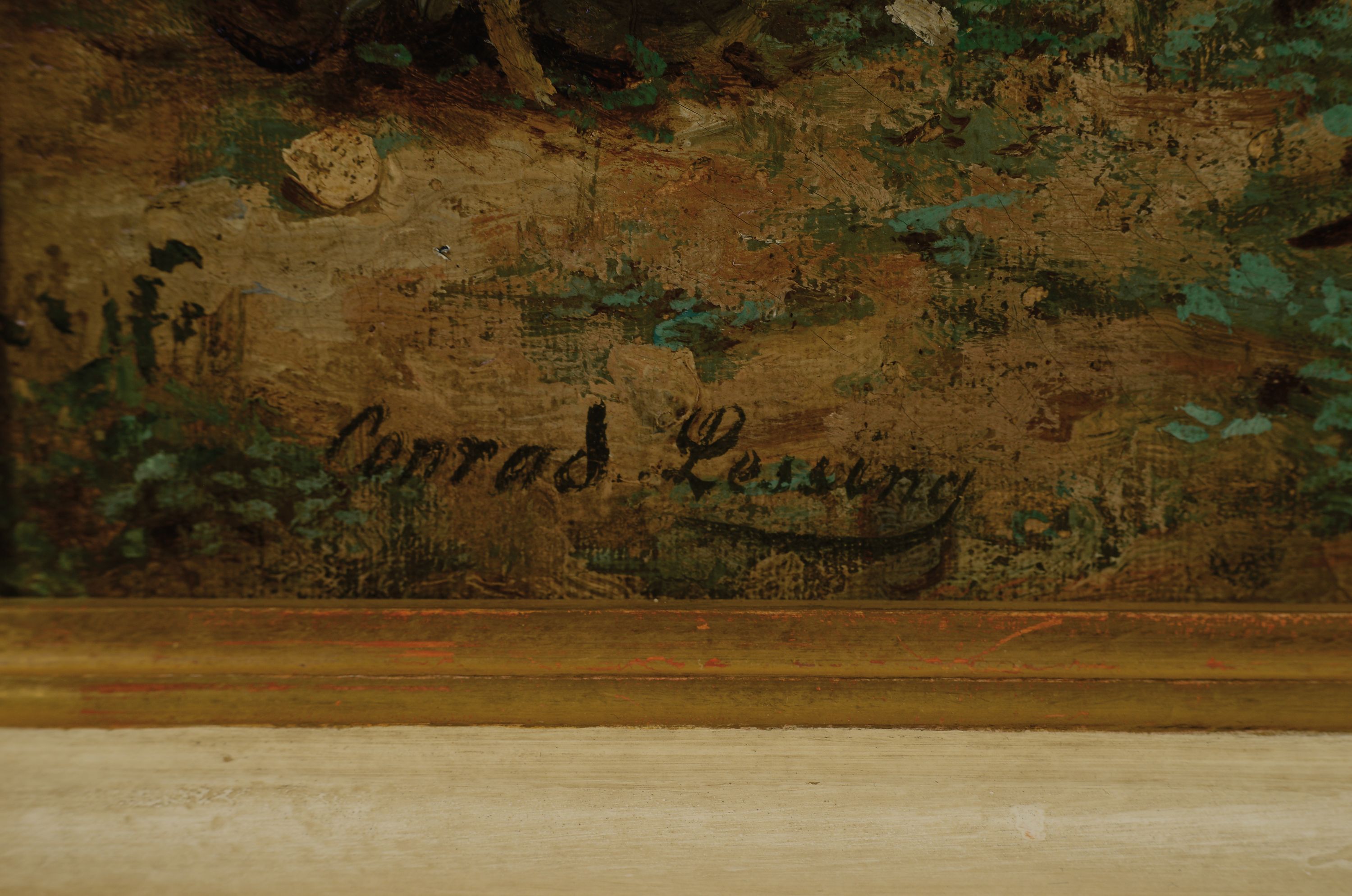 Detail l: Conrad Ludwig Lessing, 1852 Düsseldorf-1916 Berlin, rastende Familie mit Esel und Wagen vor der Felsenstadt, Öl/Holz, links unten signiert, ca. ...