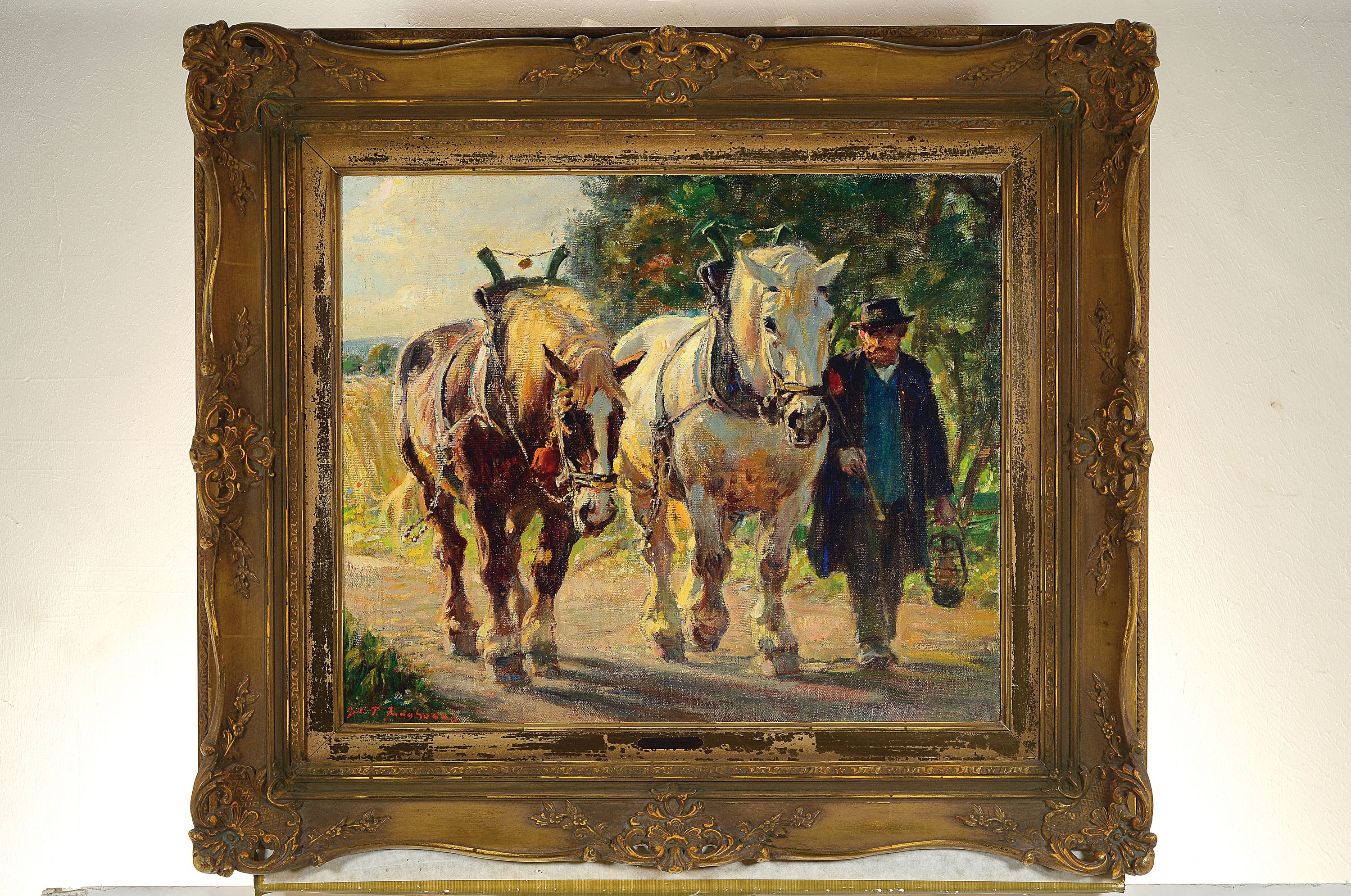 Detail k: Julius Paul Junghanns, 1876 Wien-1958 Düsseldorf, Bauer mit Pferdegespann, Öl/Lwd, links unten signiert, ca. 50x60xm, Prunkrahmen ca. 76x86cm