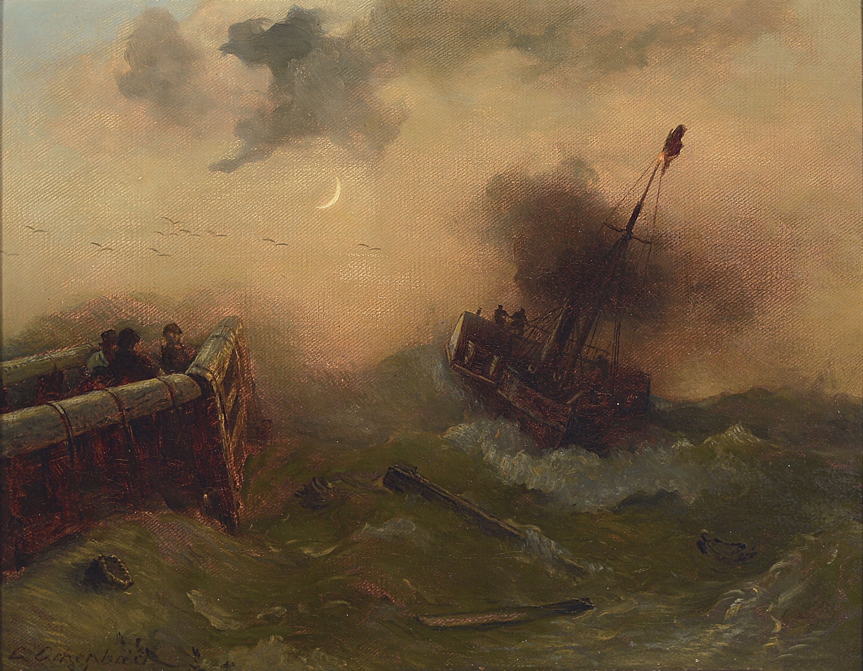 Andreas Achenbach, 1815 Kassel-1910 Düsseldorf, Segelschiff in Seenot unter fahler Mondsichel, Öl/Lwd, links unten signiert und dat. 89, ca. ...