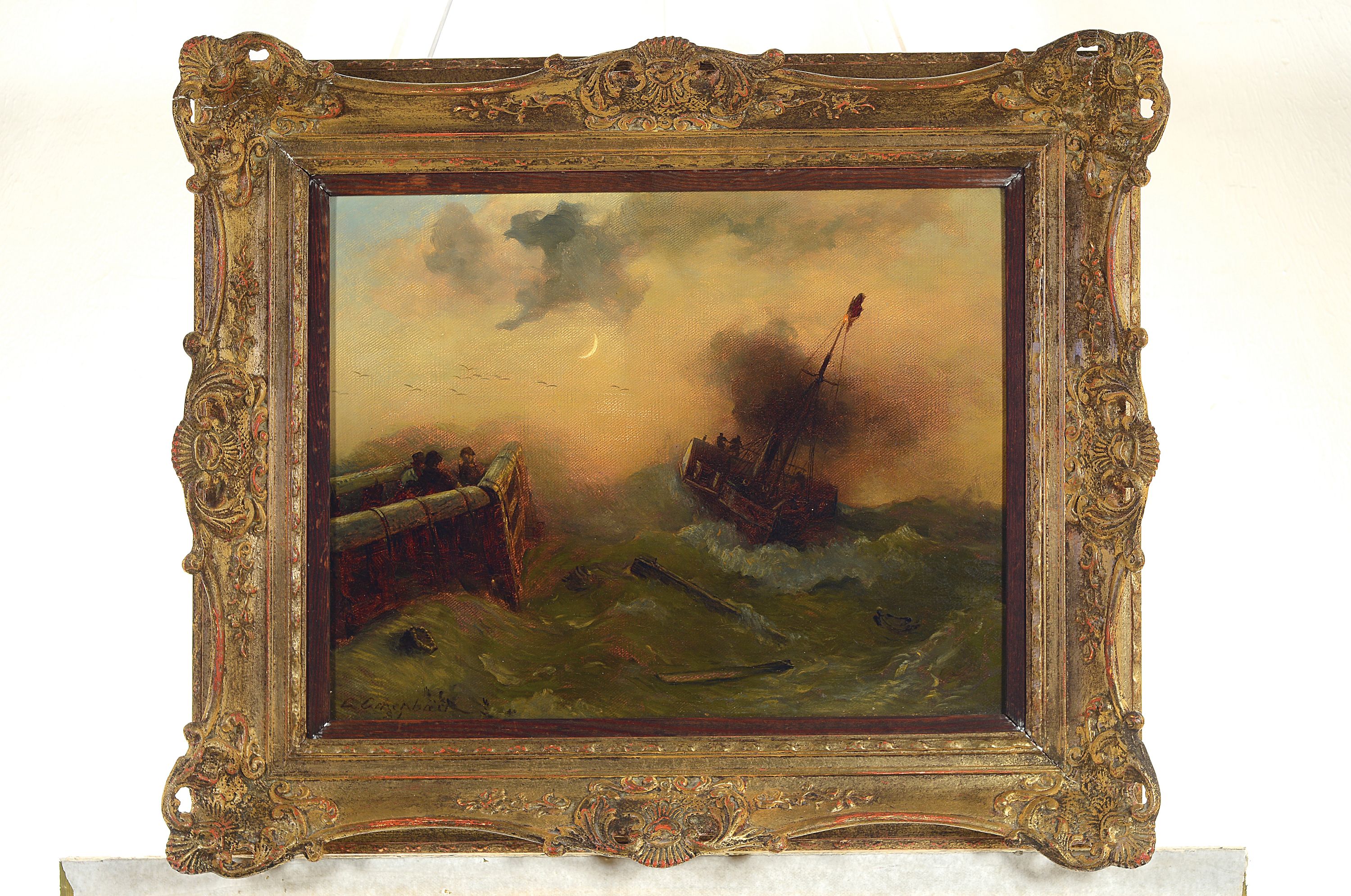 Detail k: Andreas Achenbach, 1815 Kassel-1910 Düsseldorf, Segelschiff in Seenot unter fahler Mondsichel, Öl/Lwd, links unten signiert und dat. 89, ca. ...