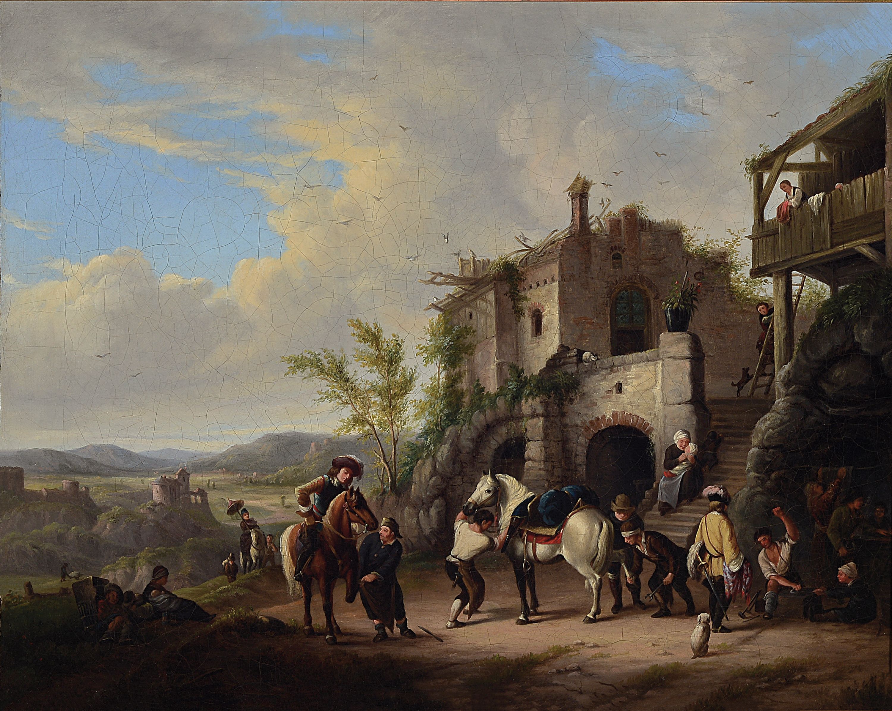 Friedrich Ulrich, geb. 1778 Altenberg/Sachsen, war tätig in Berlin, hier: Pferde und Reiter vor der Hufschmiede, im Hintergrund ideale Landschaft ...