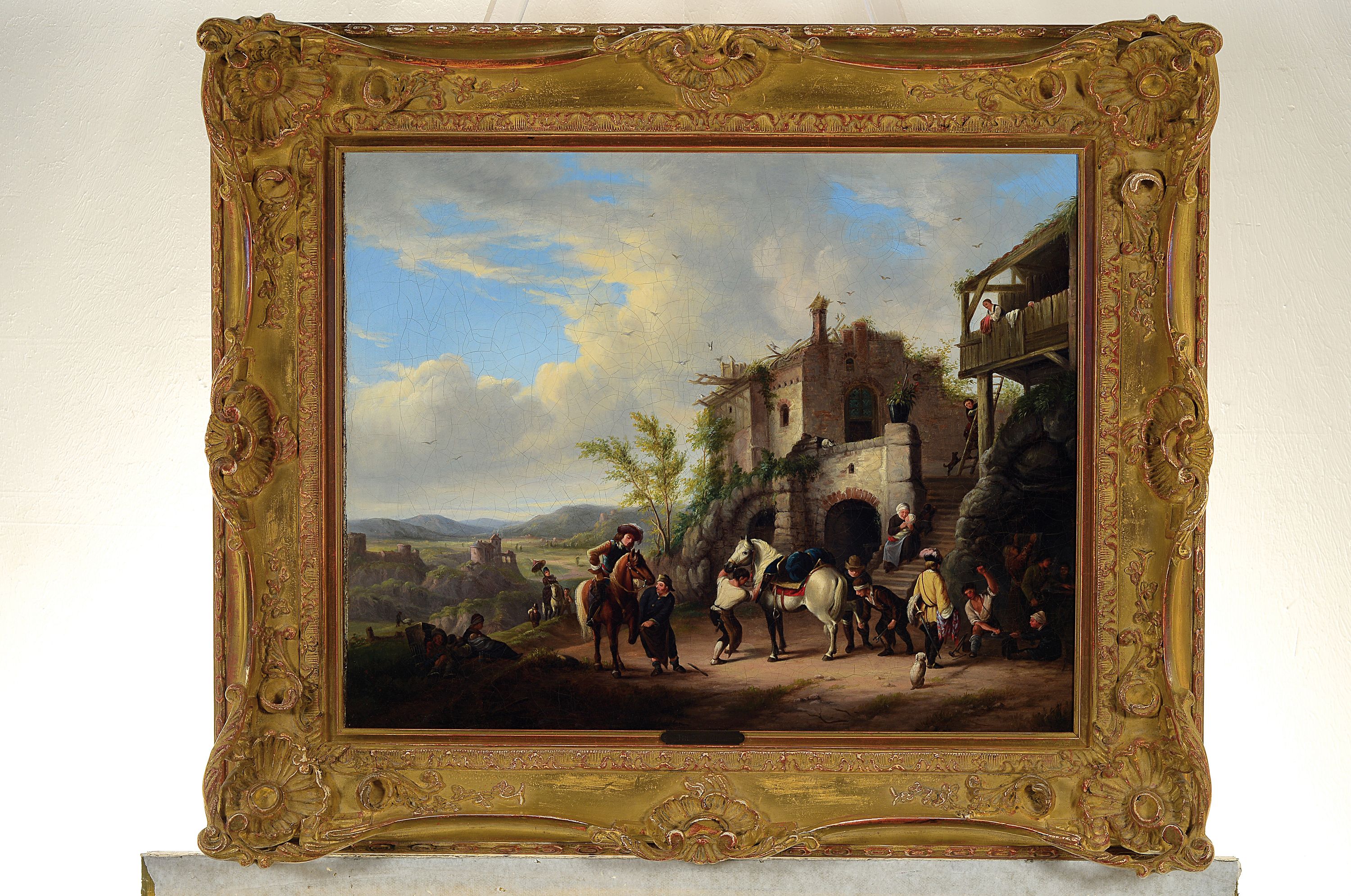Detail k: Friedrich Ulrich, geb. 1778 Altenberg/Sachsen, war tätig in Berlin, hier: Pferde und Reiter vor der Hufschmiede, im Hintergrund ideale Landschaft ...