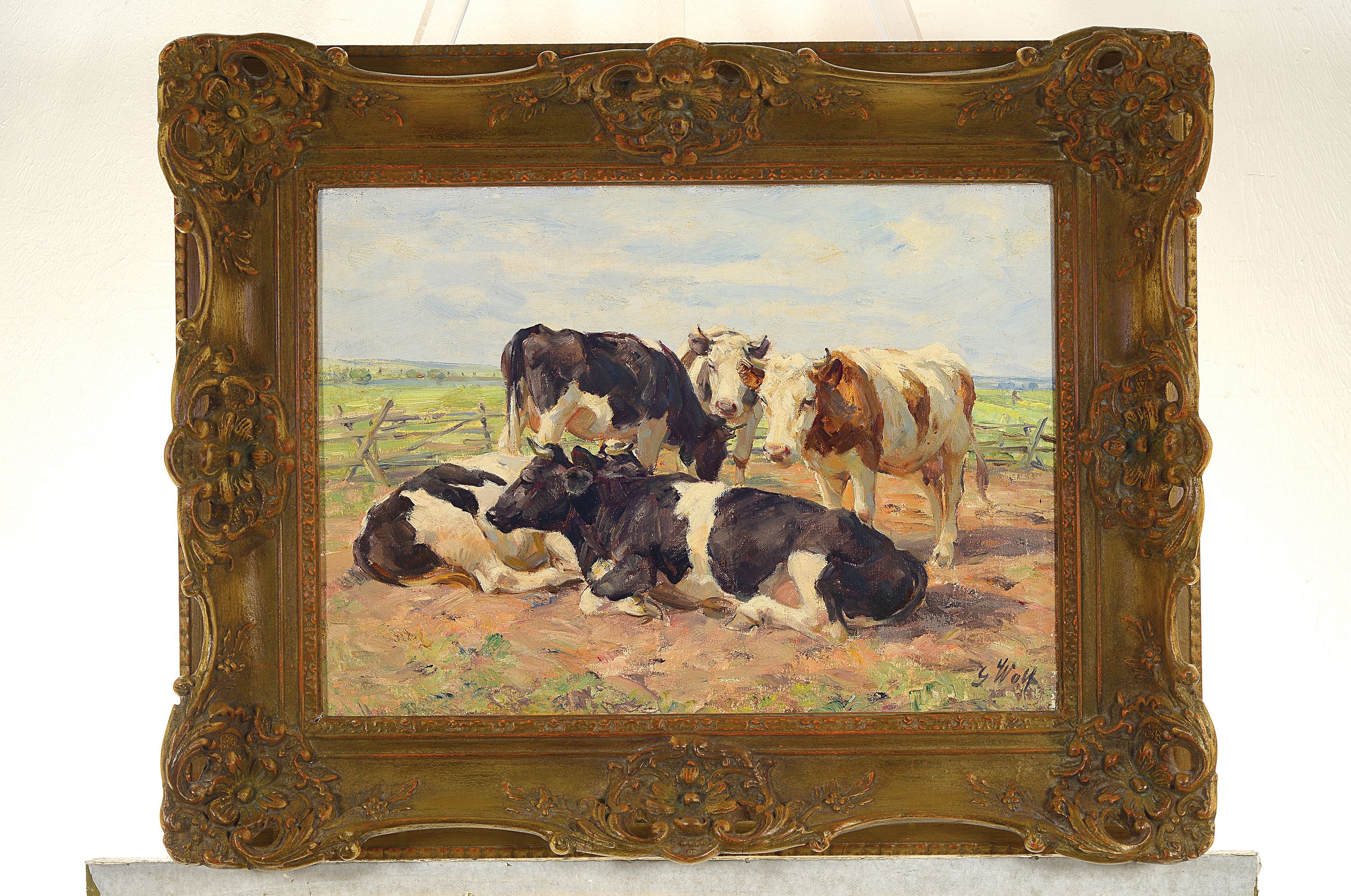 Detail k: Georg Wolf, 1882 Niederhausbergen-1962 Uelzen, 5 Kühe auf der Weide, Öl/Lwd, rechts unten signiert, ca. 36x50cm, Prunkrahmen ca. 54x68cm