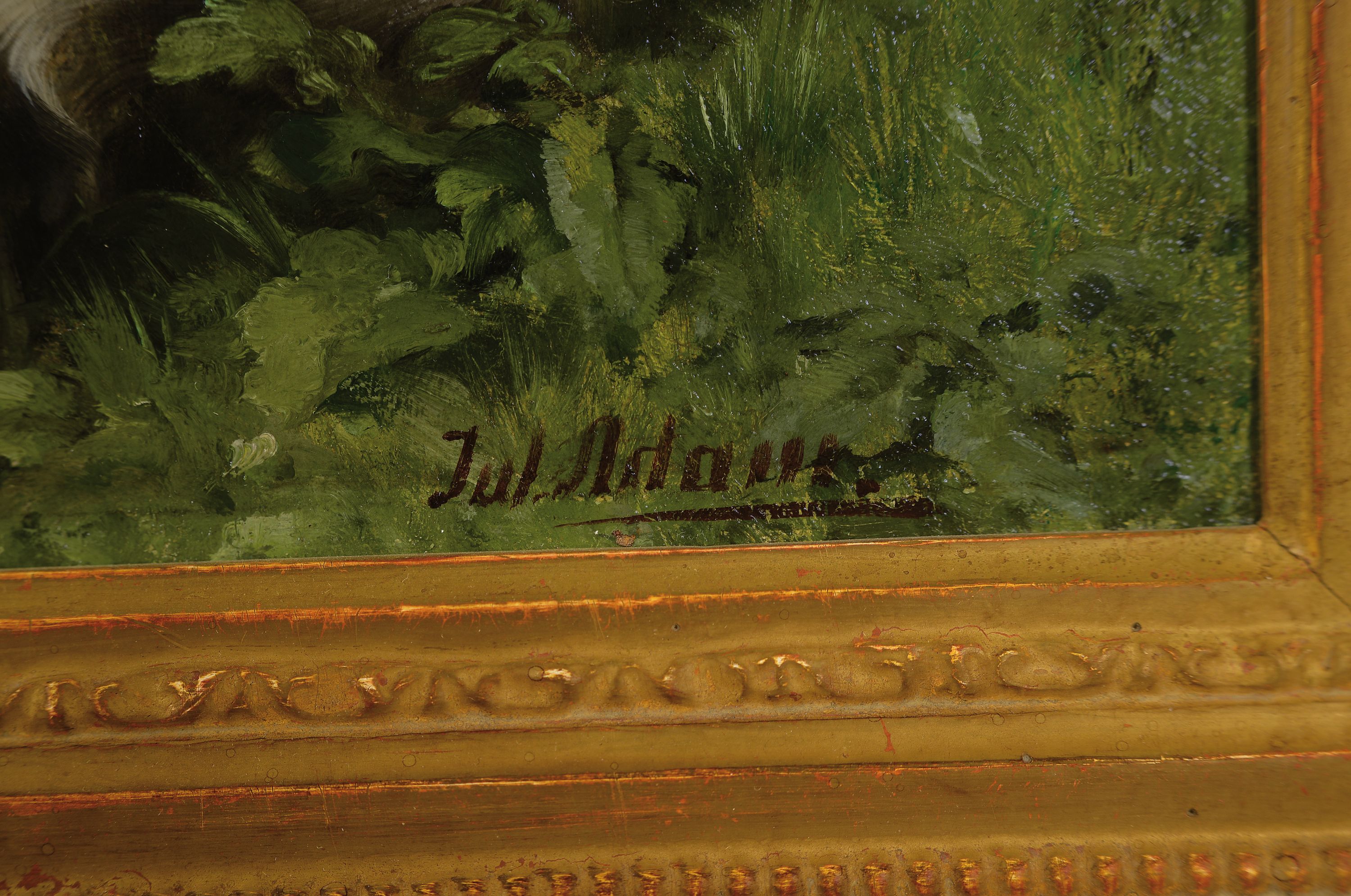 Detail a: Julius Adam II., 1852-1913 München, Katze mit zwei Kätzchen auf der Wiese, Öl/Lwd, rechts unten signiert, ca. 38x60cm, R. ca. 53x77cm, Julius Adam ...