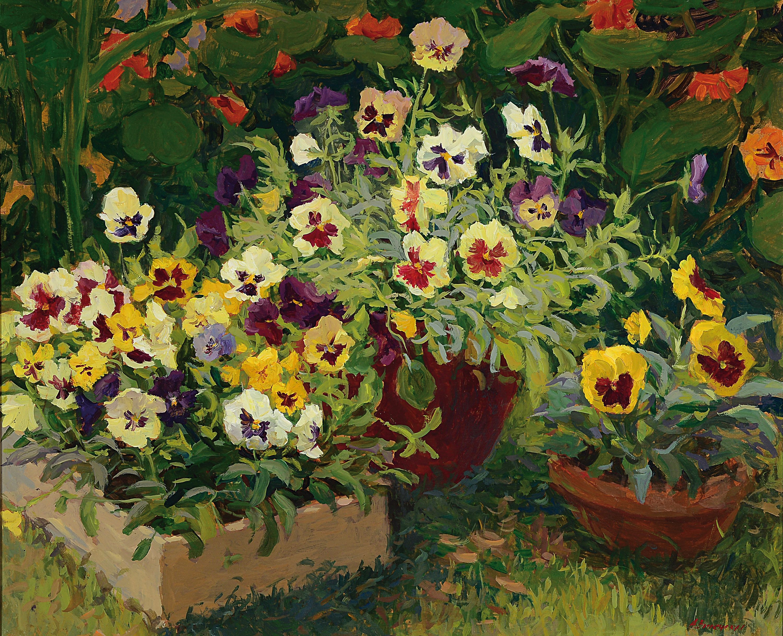 Anna Grigorievna Vilenskaya, geb. 1968, Stillleben mit Stiefmütterchen, Öl/Hartfaser, rechts unten signiert, ca. 50x60cm, R. ca. 65x75cm