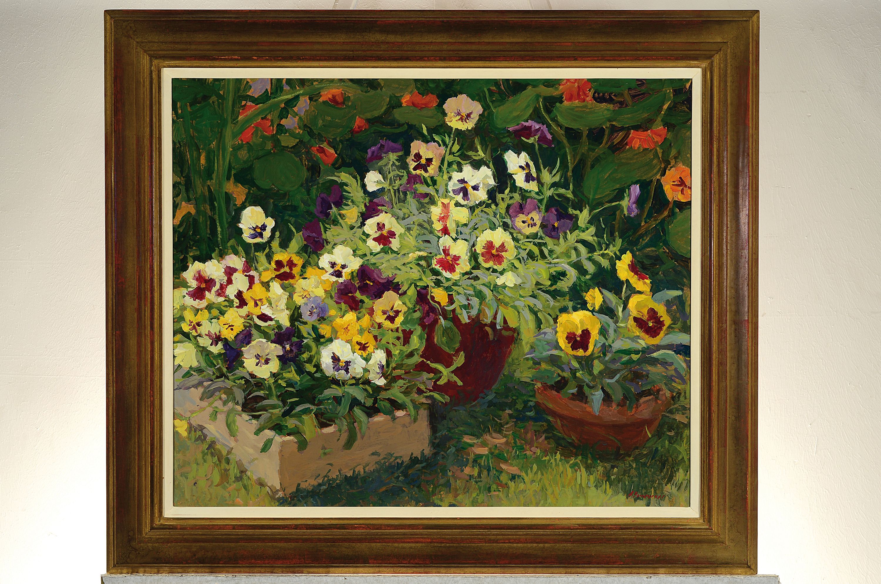 Detail k: Anna Grigorievna Vilenskaya, geb. 1968, Stillleben mit Stiefmütterchen, Öl/Hartfaser, rechts unten signiert, ca. 50x60cm, R. ca. 65x75cm