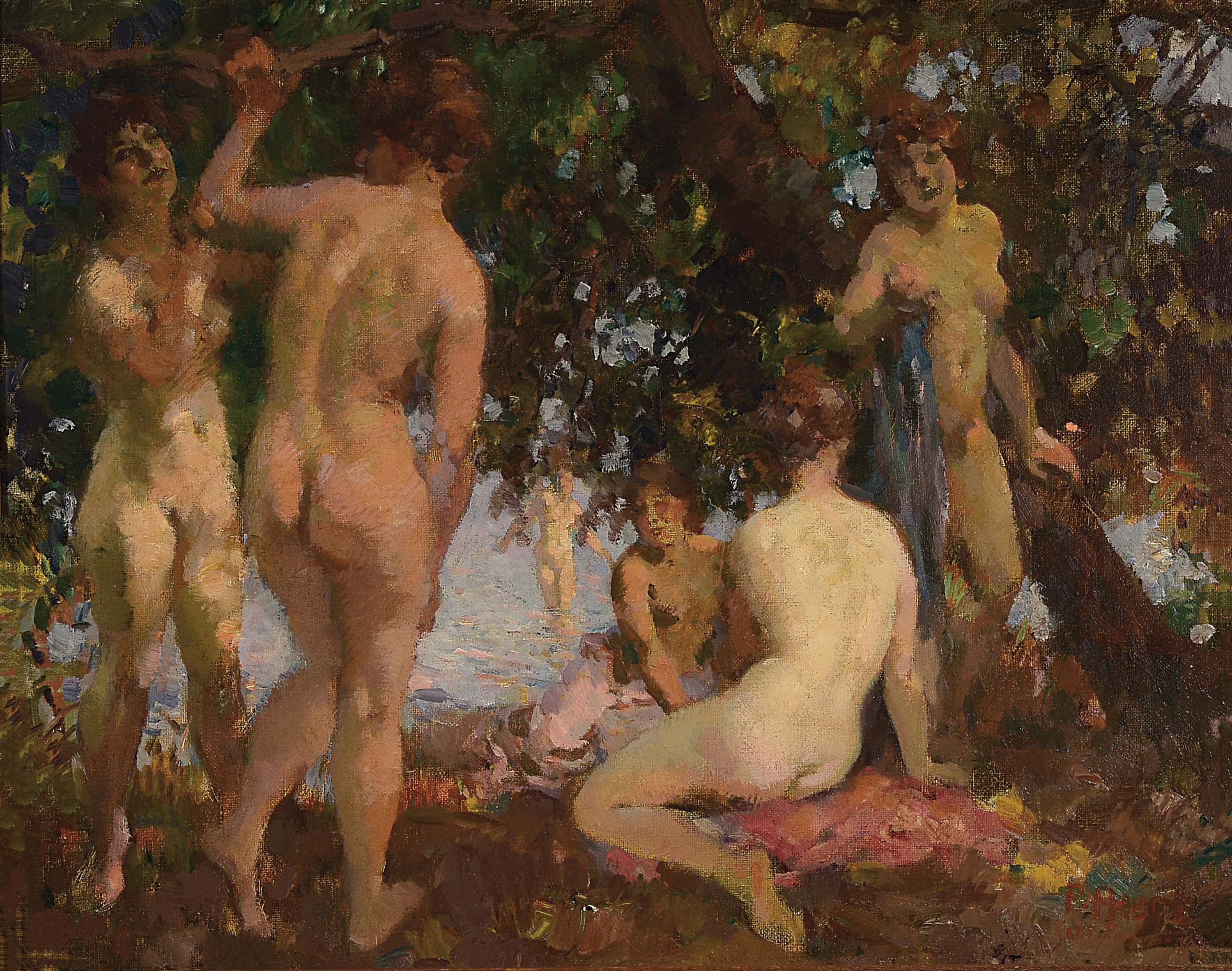 Paul Paede, 1868 Berlin-1929 München, 6 Frauen beim Baden an einem Baum bestandenen Ufer, Öl/Lwd, rechts unten signiert, ca. 47x60cm, R. ca. ...