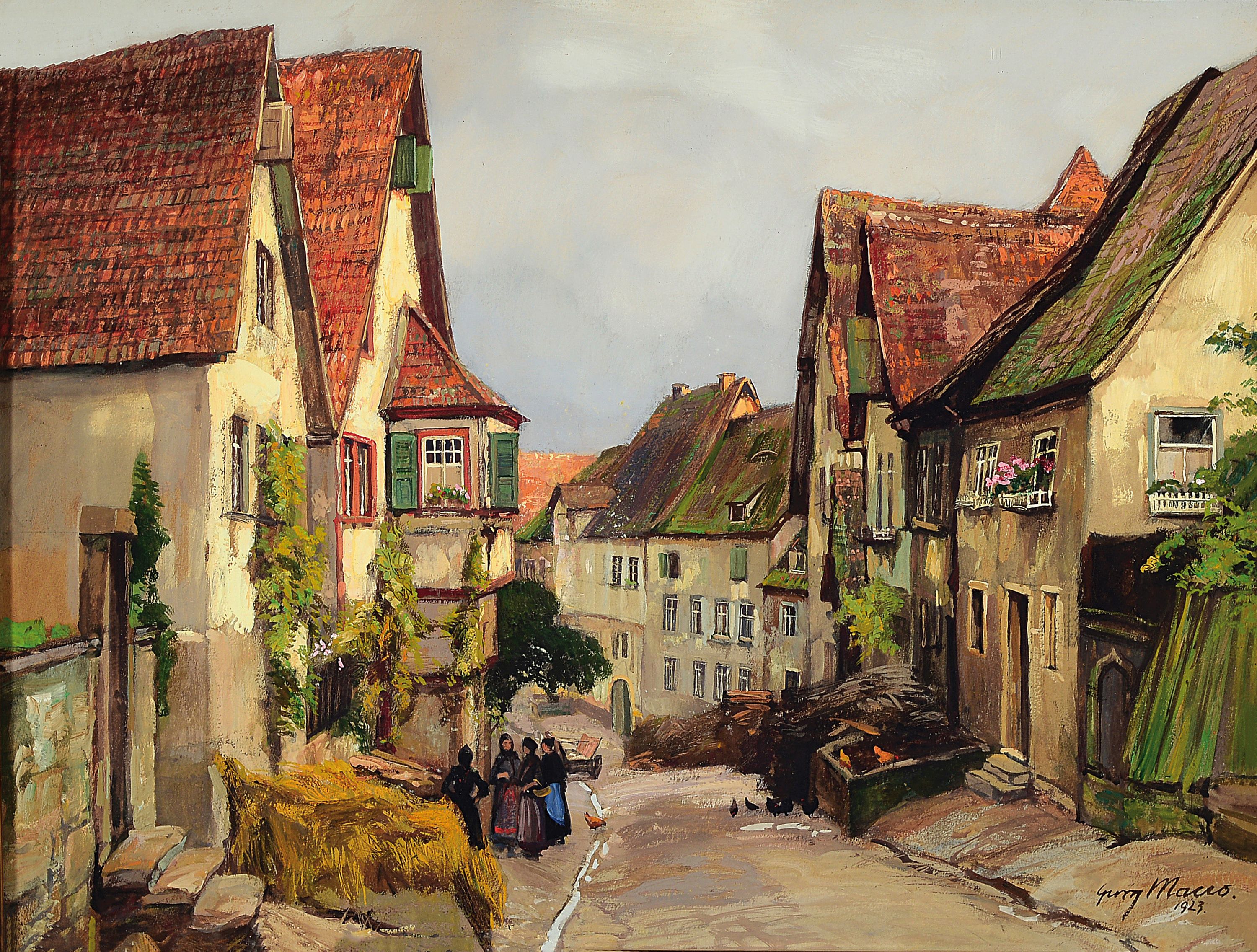 Georg Macco, 1863 Aachen-1933 Genua, Blick in eine Dorfstraße, Mischtechnik auf Papier, rechts unten signiert und dat. 1923, ca. 39x52cm, u.Gl., R. ...