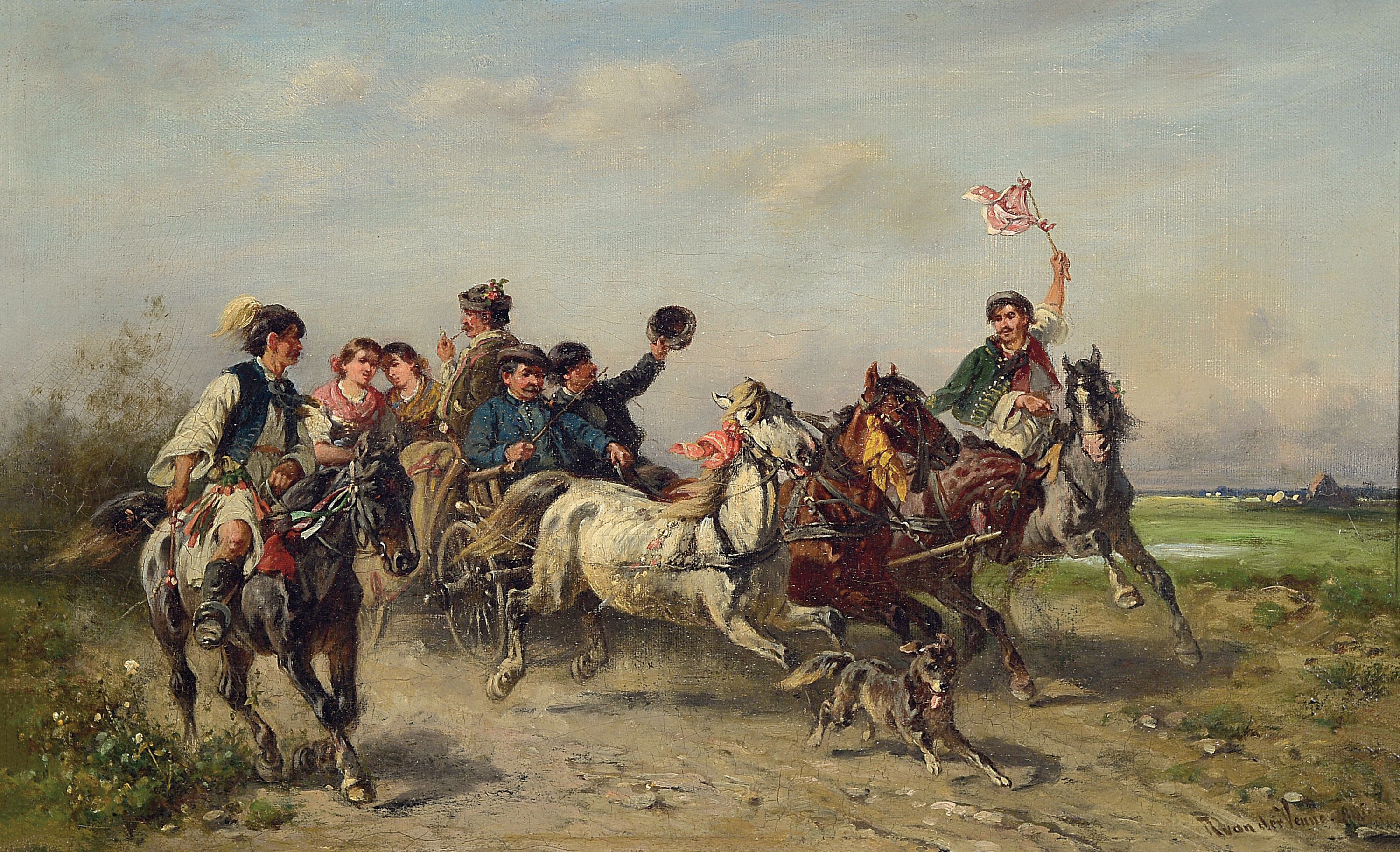 Adolf van der Venne, 1828 Wien-1911 Schweinfurt, Bäuerlicher Brautzug auf Pferdewagen, Öl/Lwd, rechts unten signiert und dat. 1888, ca. 28x45cm, R. ...