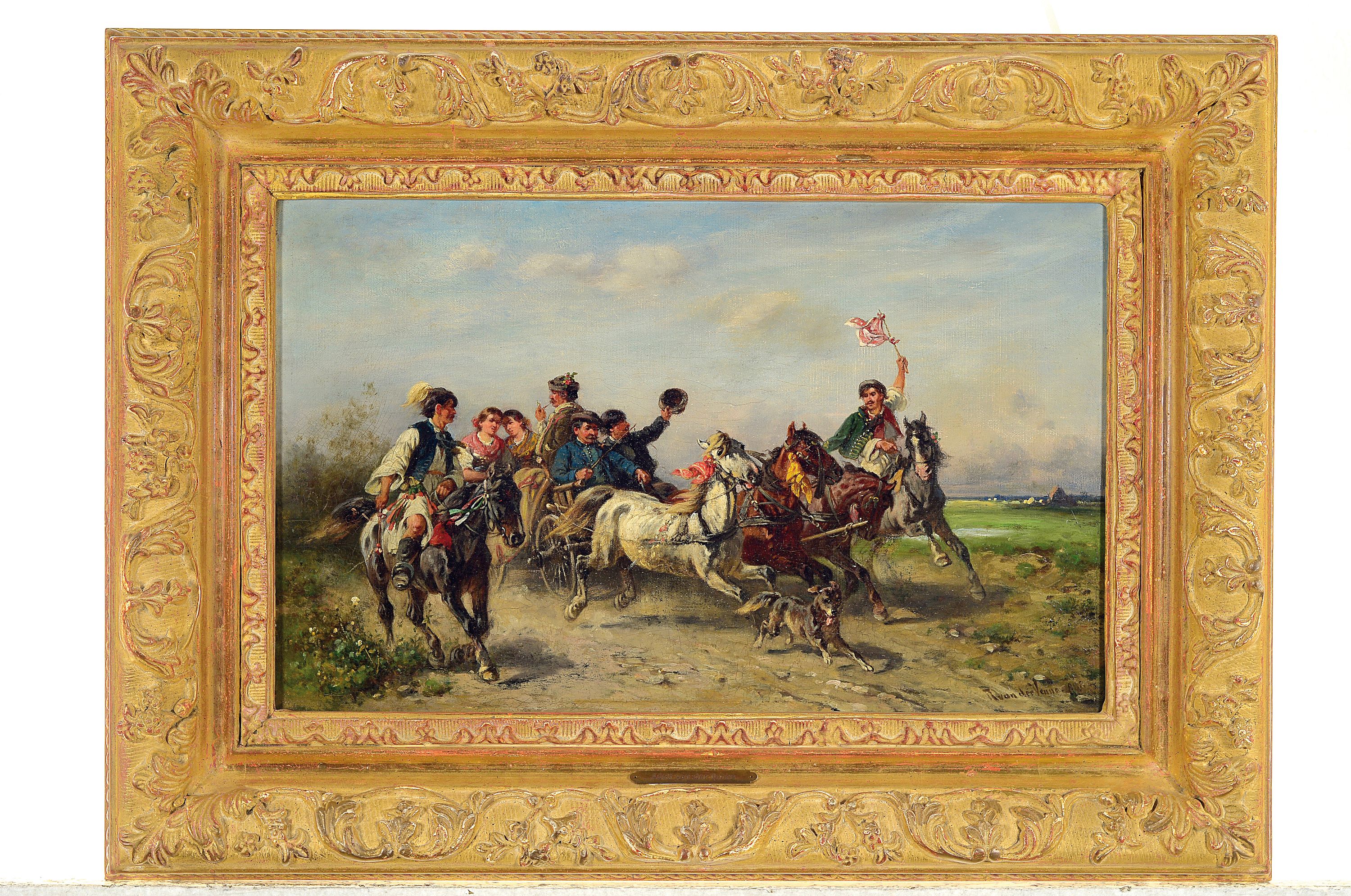 Detail k: Adolf van der Venne, 1828 Wien-1911 Schweinfurt, Bäuerlicher Brautzug auf Pferdewagen, Öl/Lwd, rechts unten signiert und dat. 1888, ca. 28x45cm, R. ...