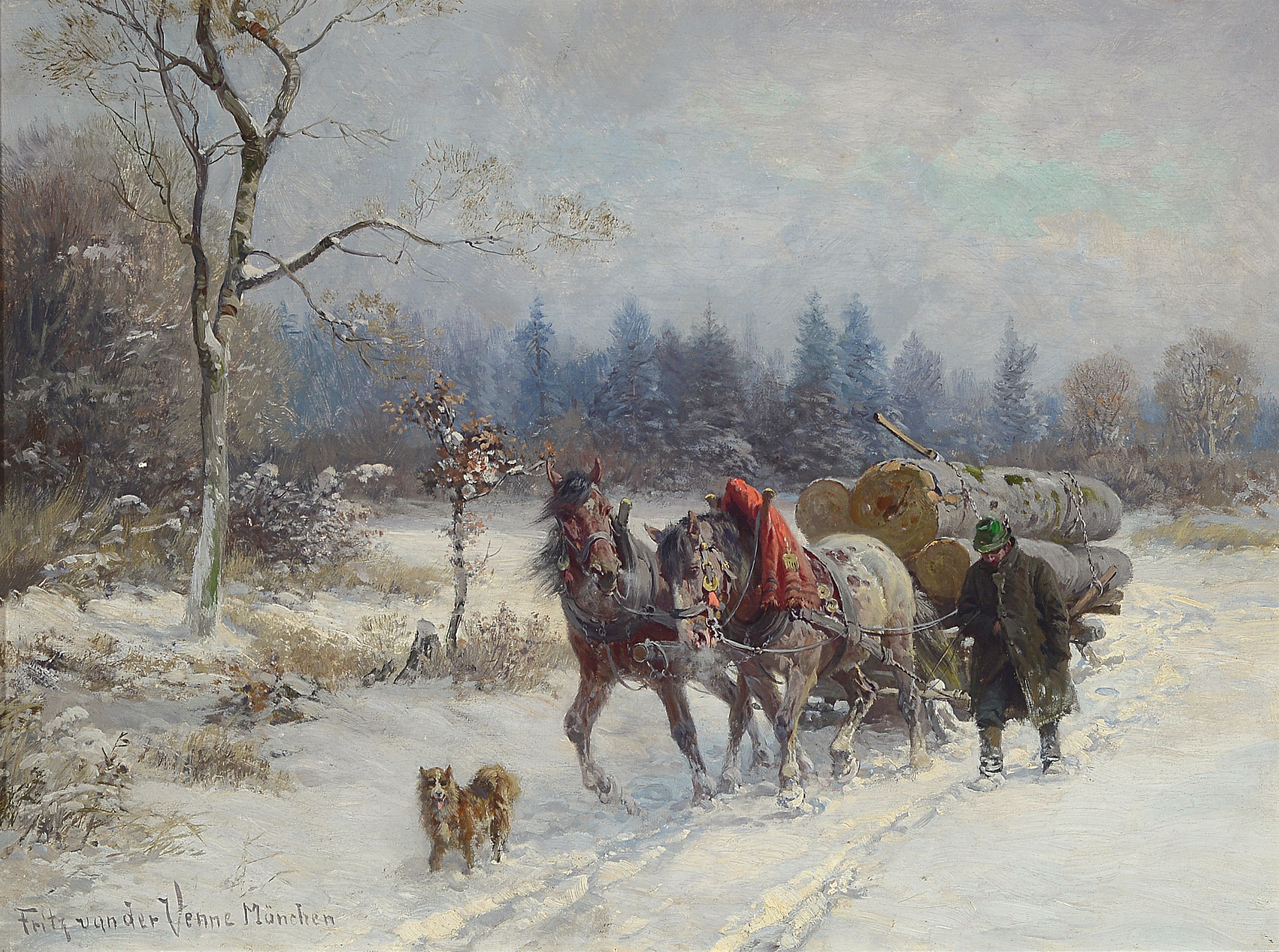 Fritz van der Venne, 1973-1936 München, Bauer mit Holzfuhrwerk in winterlicher Landschaft, rückseitig auf altem Etikett betitelt: Holztransport im ...