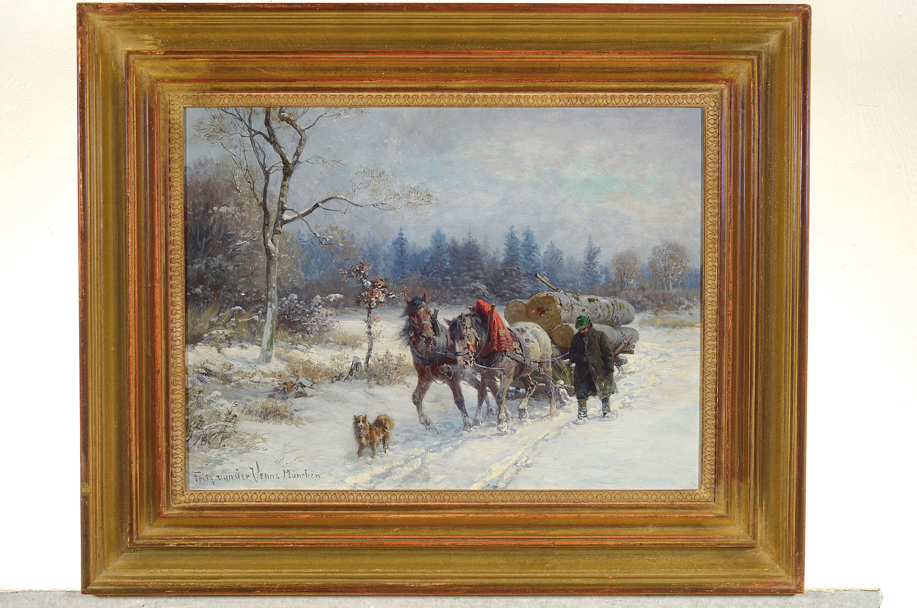 Detail k: Fritz van der Venne, 1973-1936 München, Bauer mit Holzfuhrwerk in winterlicher Landschaft, rückseitig auf altem Etikett betitelt: Holztransport im ...