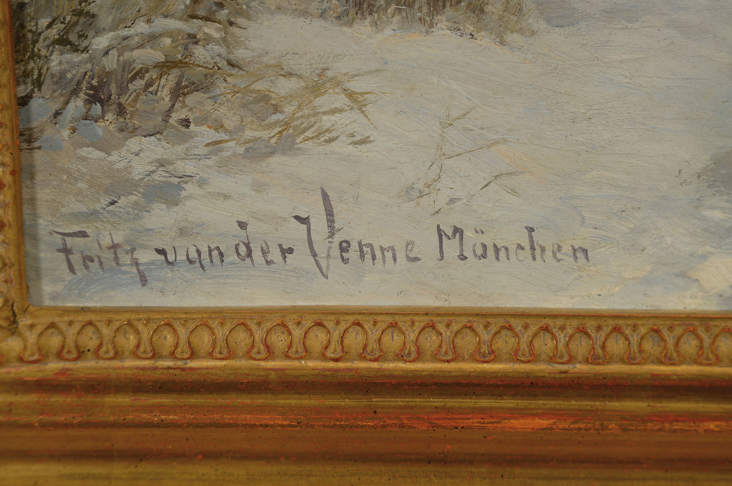 Detail l: Fritz van der Venne, 1973-1936 München, Bauer mit Holzfuhrwerk in winterlicher Landschaft, rückseitig auf altem Etikett betitelt: Holztransport im ...