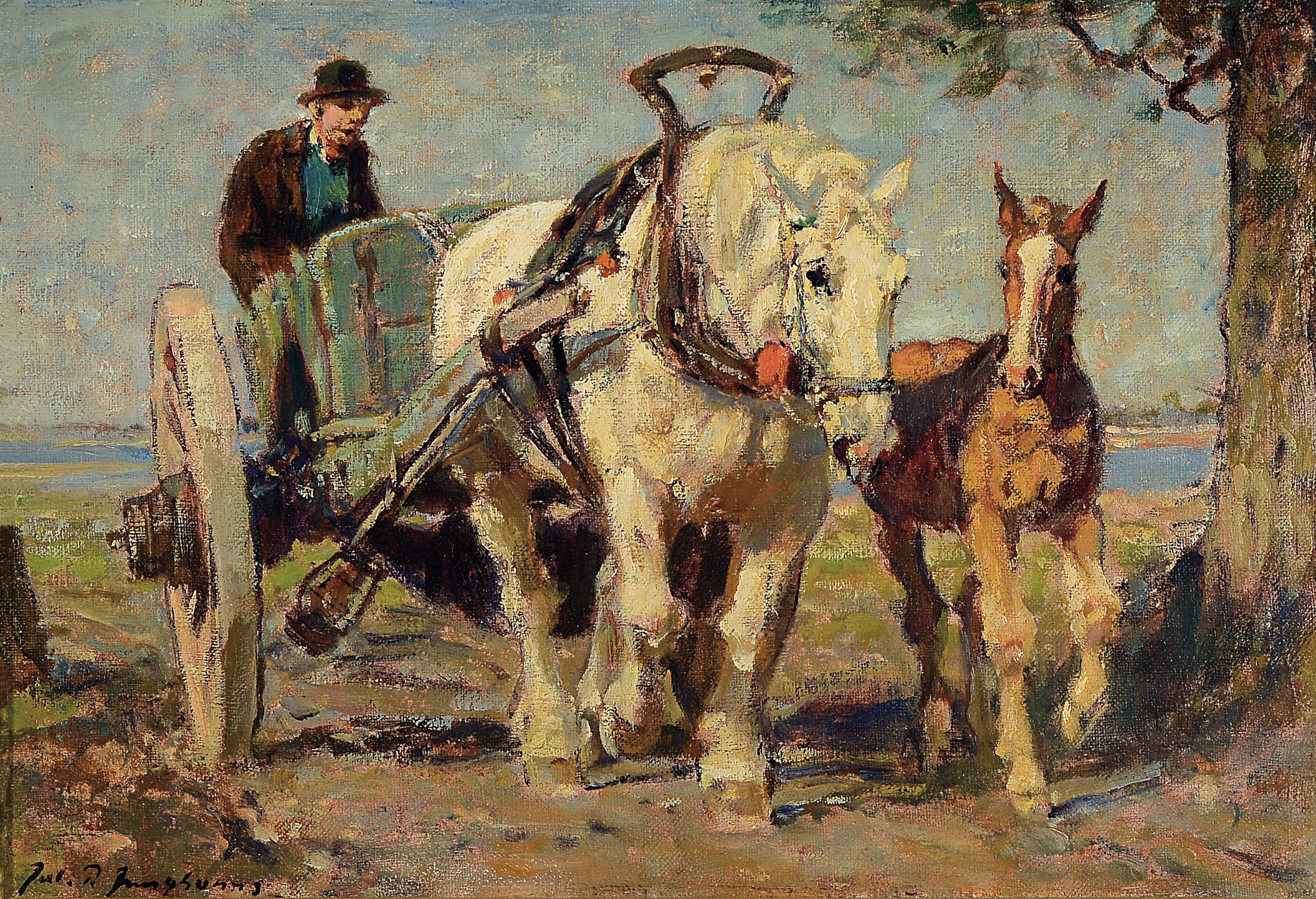 Julius Paul Junghanns, 1876 Wien-1958 Düsseldorf, Bauer mit Pferdewagen und neben her laufendem Fohlen, Öl/Lwd, links unten signiert, ca. 24x35cm, ...