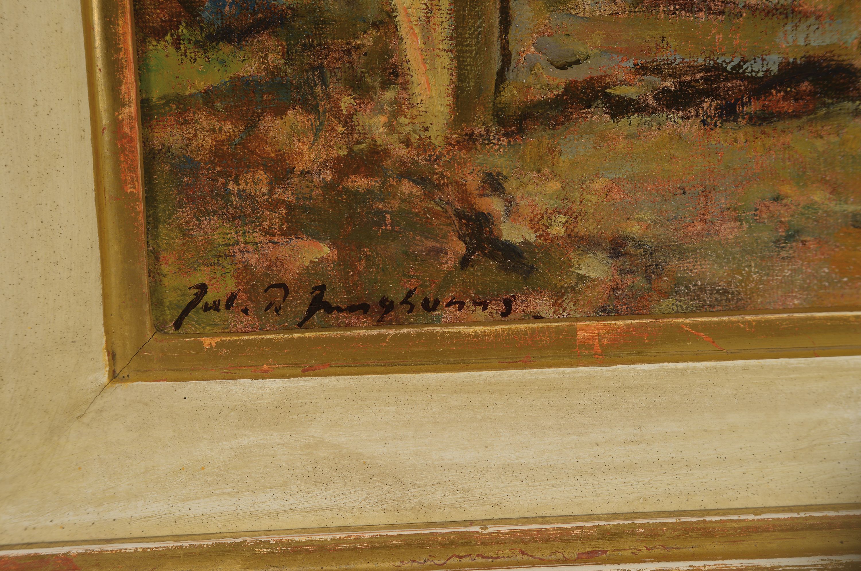 Detail a: Julius Paul Junghanns, 1876 Wien-1958 Düsseldorf, Bauer mit Pferdewagen und neben her laufendem Fohlen, Öl/Lwd, links unten signiert, ca. 24x35cm, ...