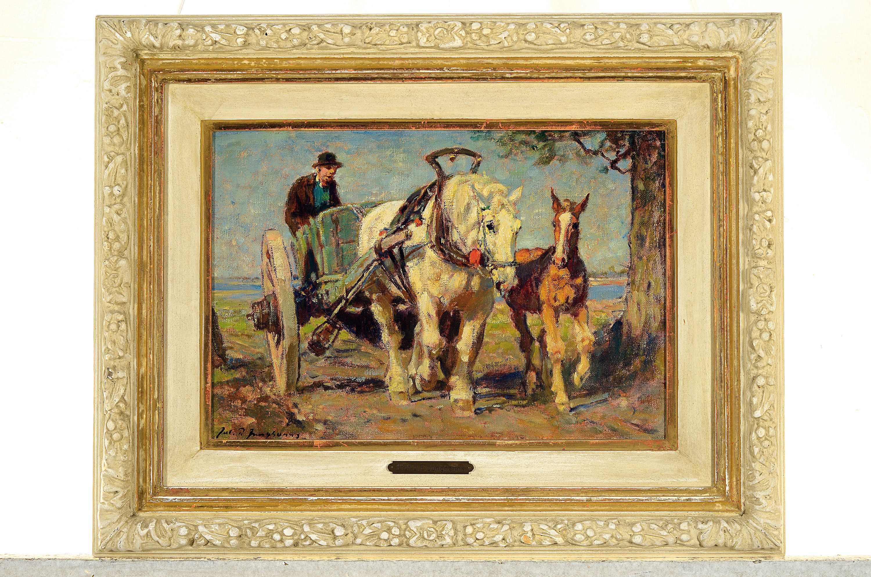 Detail k: Julius Paul Junghanns, 1876 Wien-1958 Düsseldorf, Bauer mit Pferdewagen und neben her laufendem Fohlen, Öl/Lwd, links unten signiert, ca. 24x35cm, ...