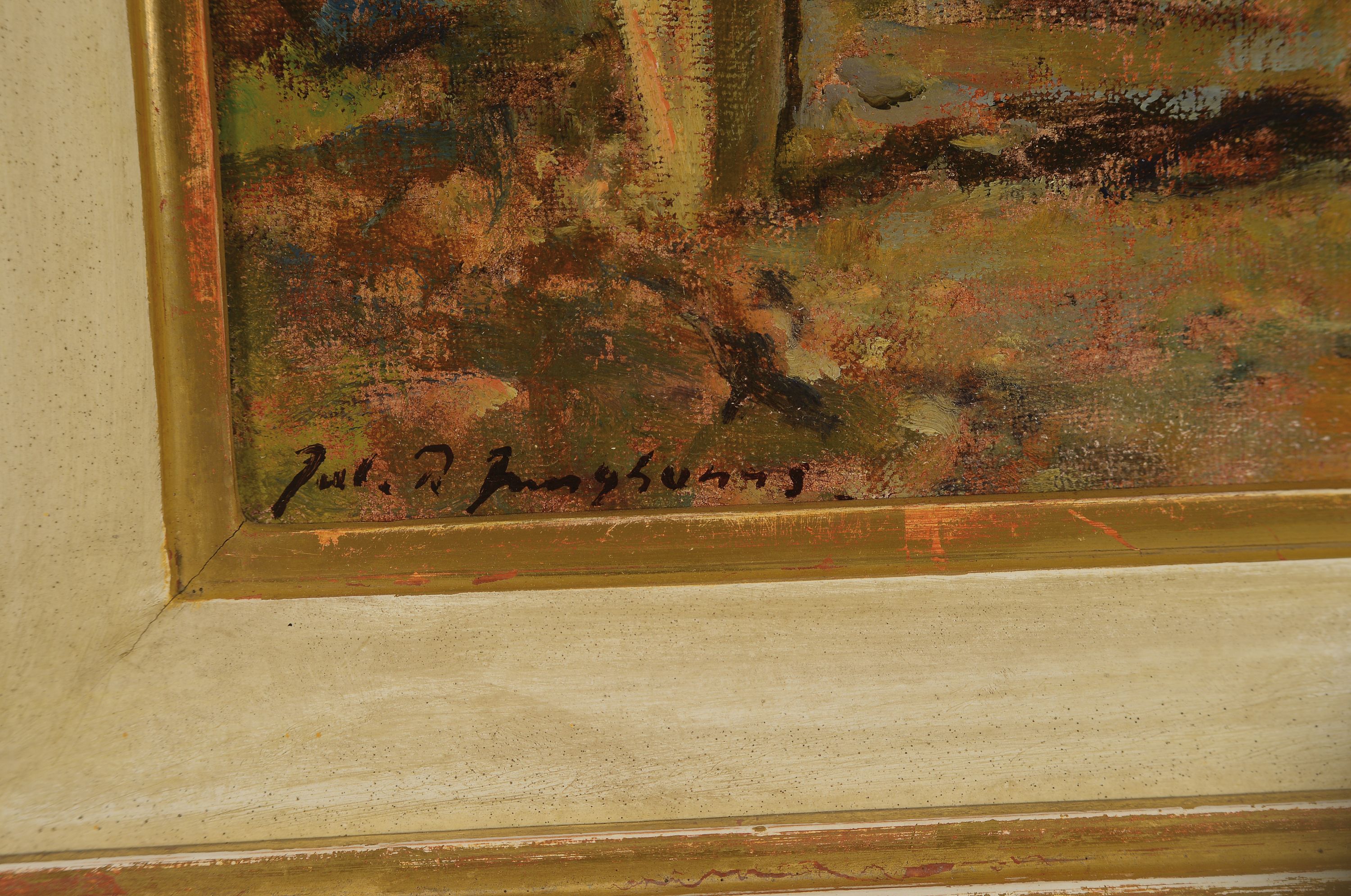 Detail l: Julius Paul Junghanns, 1876 Wien-1958 Düsseldorf, Bauer mit Pferdewagen und neben her laufendem Fohlen, Öl/Lwd, links unten signiert, ca. 24x35cm, ...