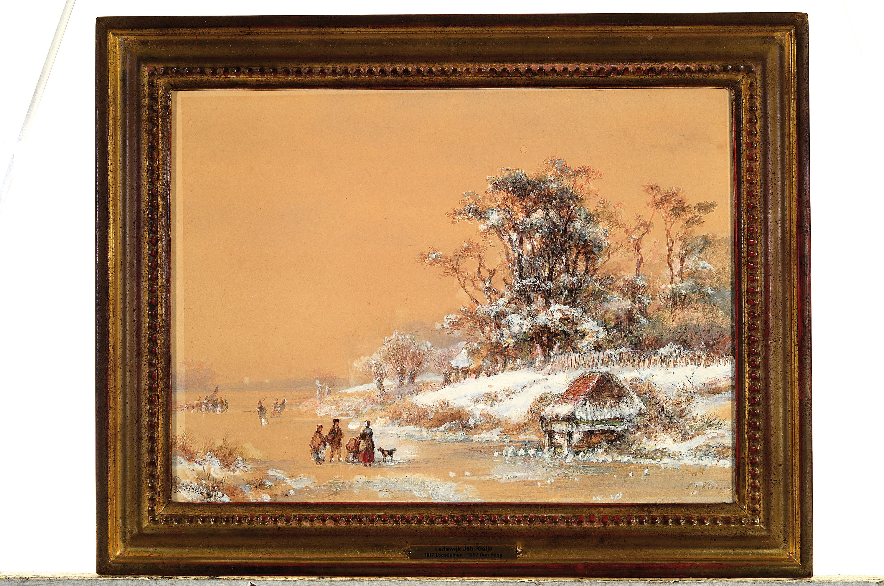 Detail k: Lodewijk Johannes Kleijn, 1817 Loosduinen-1897Den Haag, Winterlandschaft mit Personen auf dem Eis, Aquarell und Deckweiss, rechts unten signiert, ca. ...