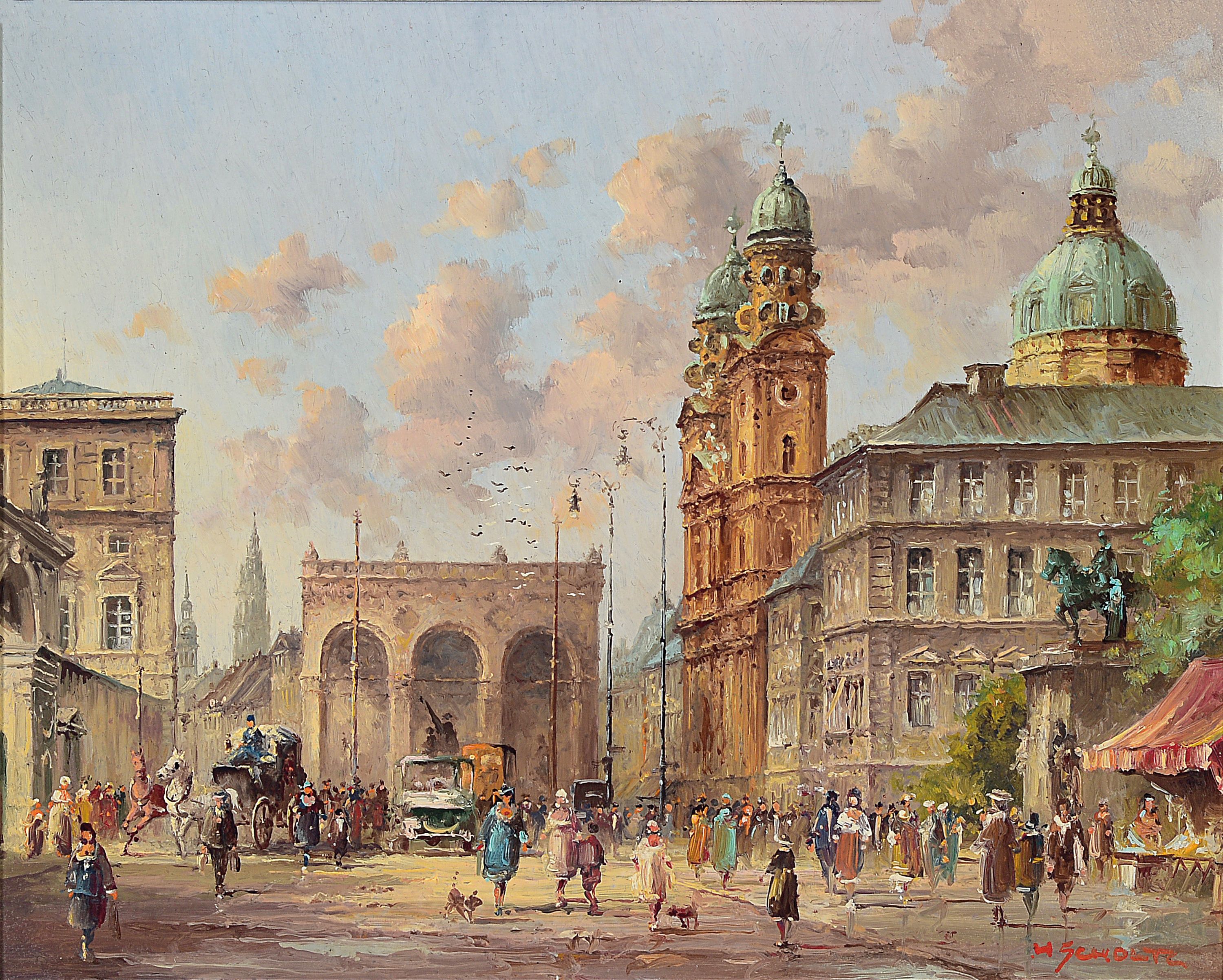 Heinz Scholz, geb. 1925, Der Odeonsplatz in München, Öl/Kupfer, rechts unten signiert, ca. 24x30cm, R. ca. 37x43cm