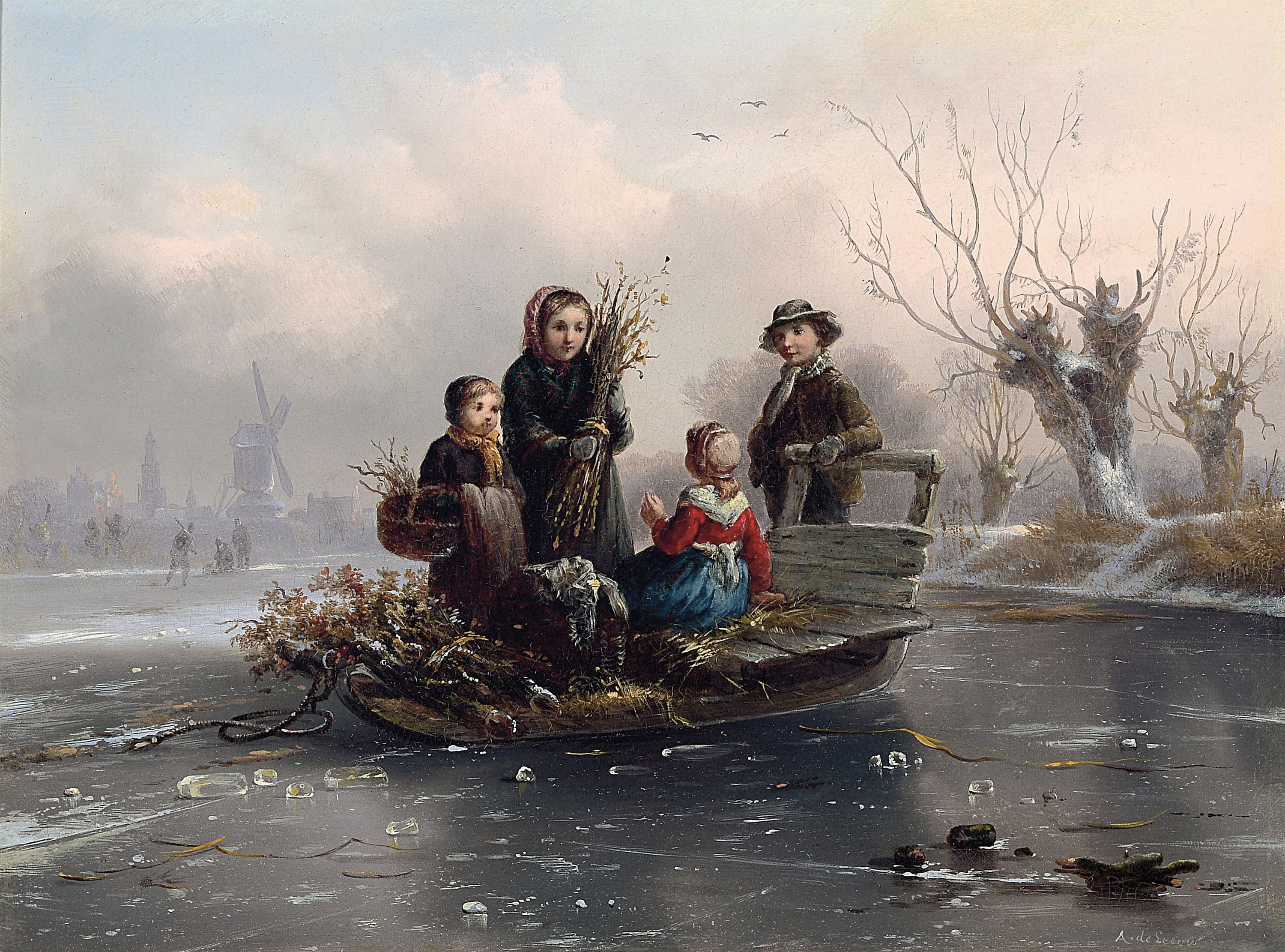 Alexis de Leeuw, 1822-1900, Kinder mit Zugschlitten beim Reisigsammeln auf zugefrorenem Wasser, Niederlande, Öl/Holz, rechts unten signiert, ca. ...