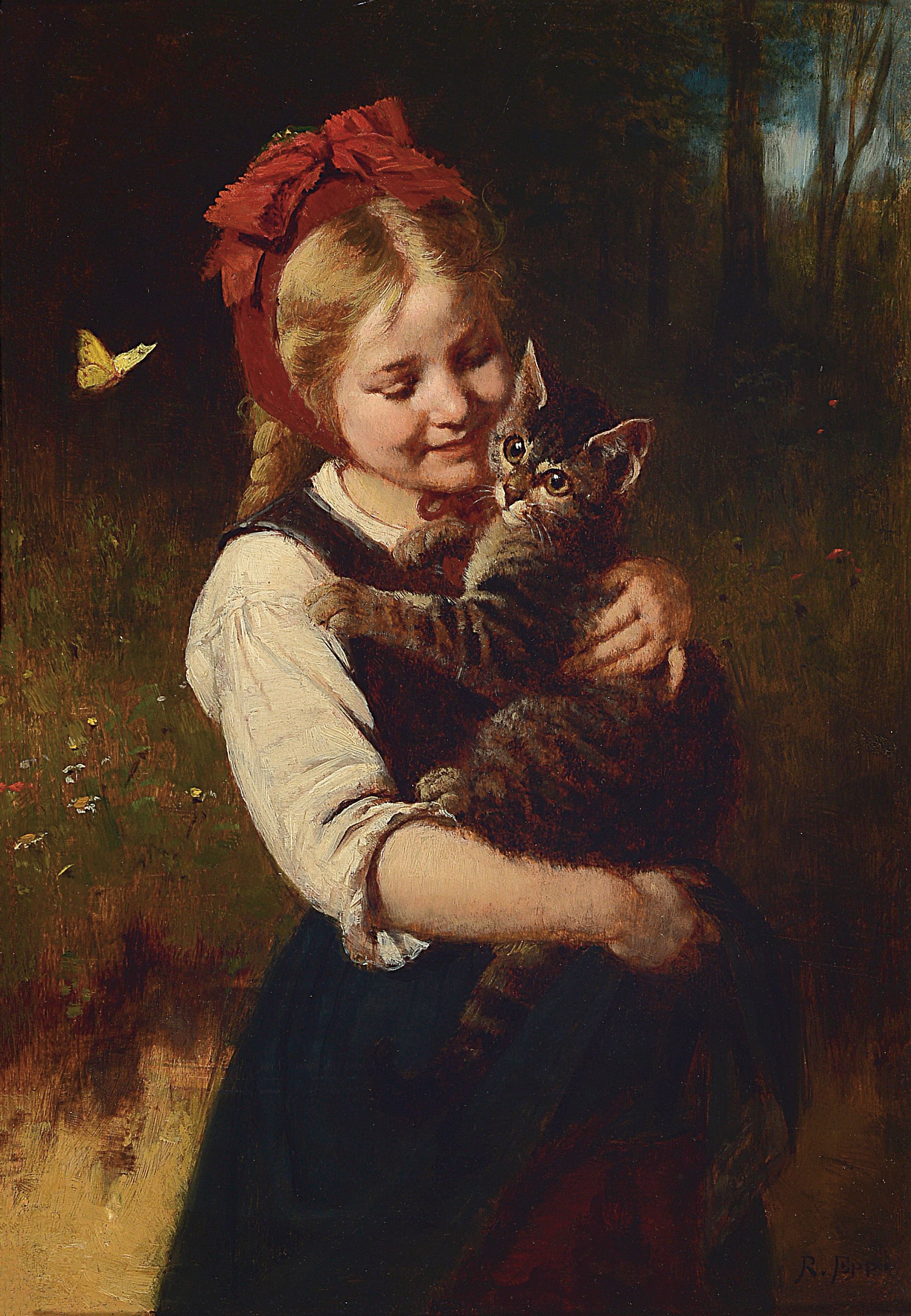 Rudolf Epp, 1834 Eberbach-1910 München, Mädchen mit Katze und Schmetterling, Öl/Holz (Platte leicht gewölbt), rechts unten signiert, ca. 37x26cm, ...